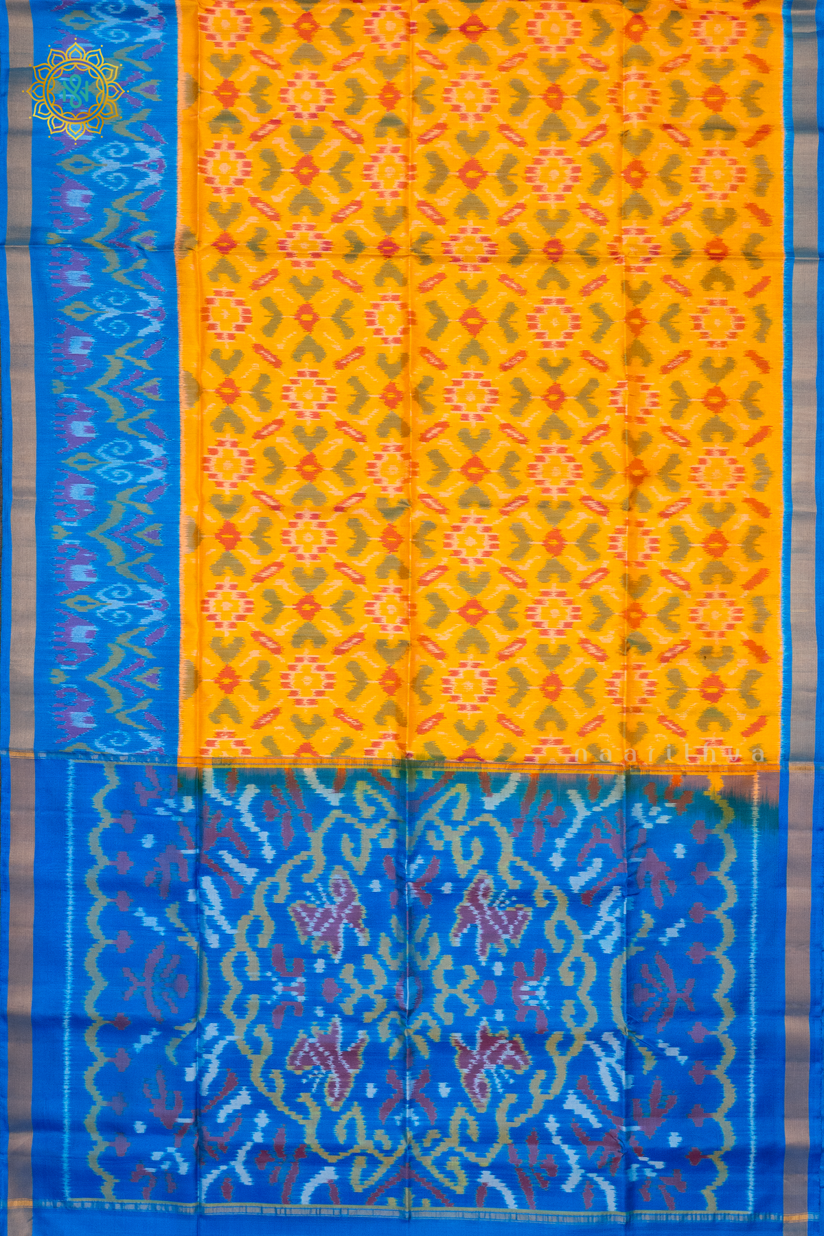 YELLOW WITH SKY BLUE - PURE KANJIVARAM IKAT SOFT SILK
