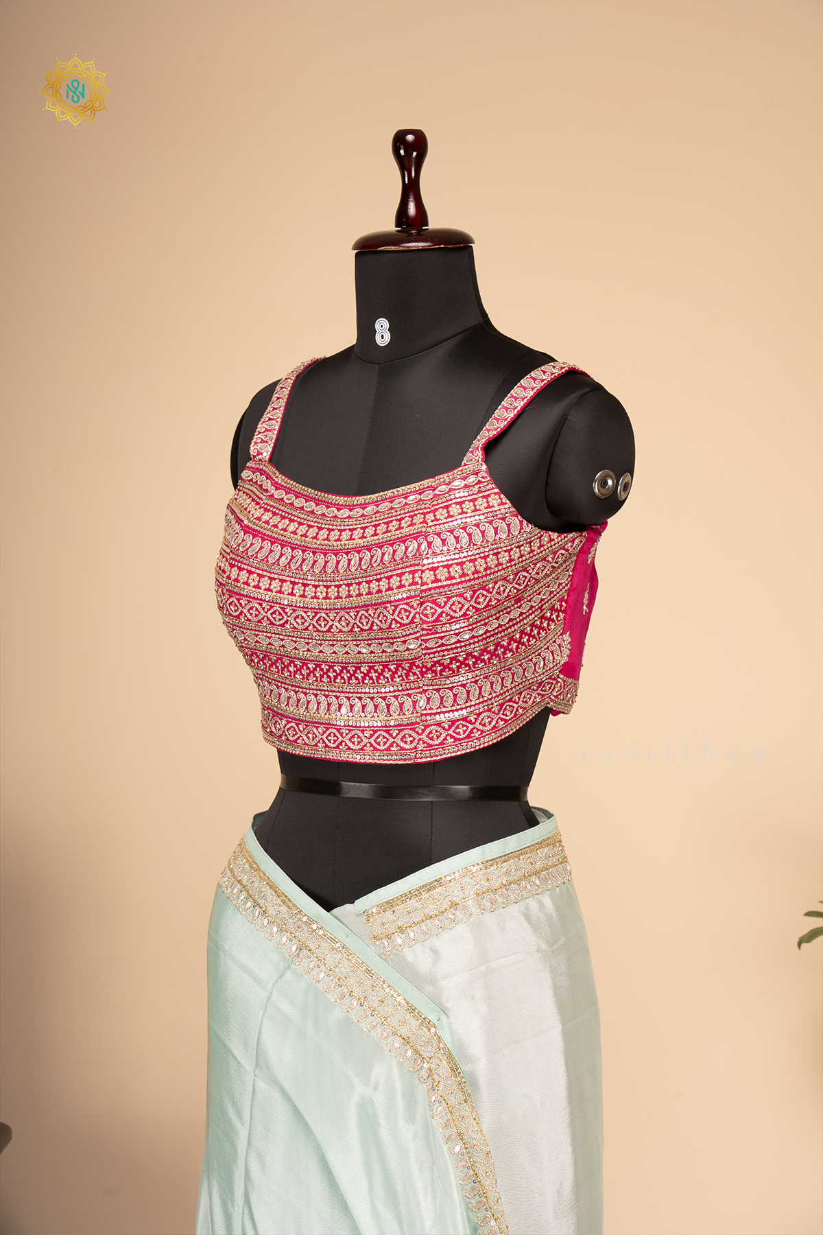 Aqua Blue With Pink Chinnon Designer Wear Saree with Readymade Blouse