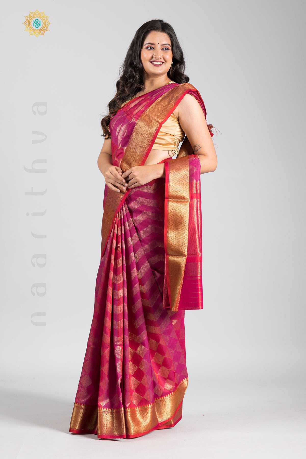 PINK WITH RED - PURE TUSSAR SILK WITH ZARI WOVEN BODY & CONTRAST PALLU & BLOUSE