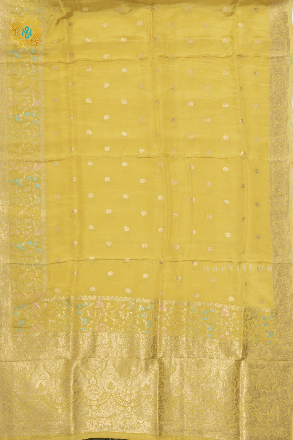 YELLOW WITH OLIVE GREEN - SATIN CREPE