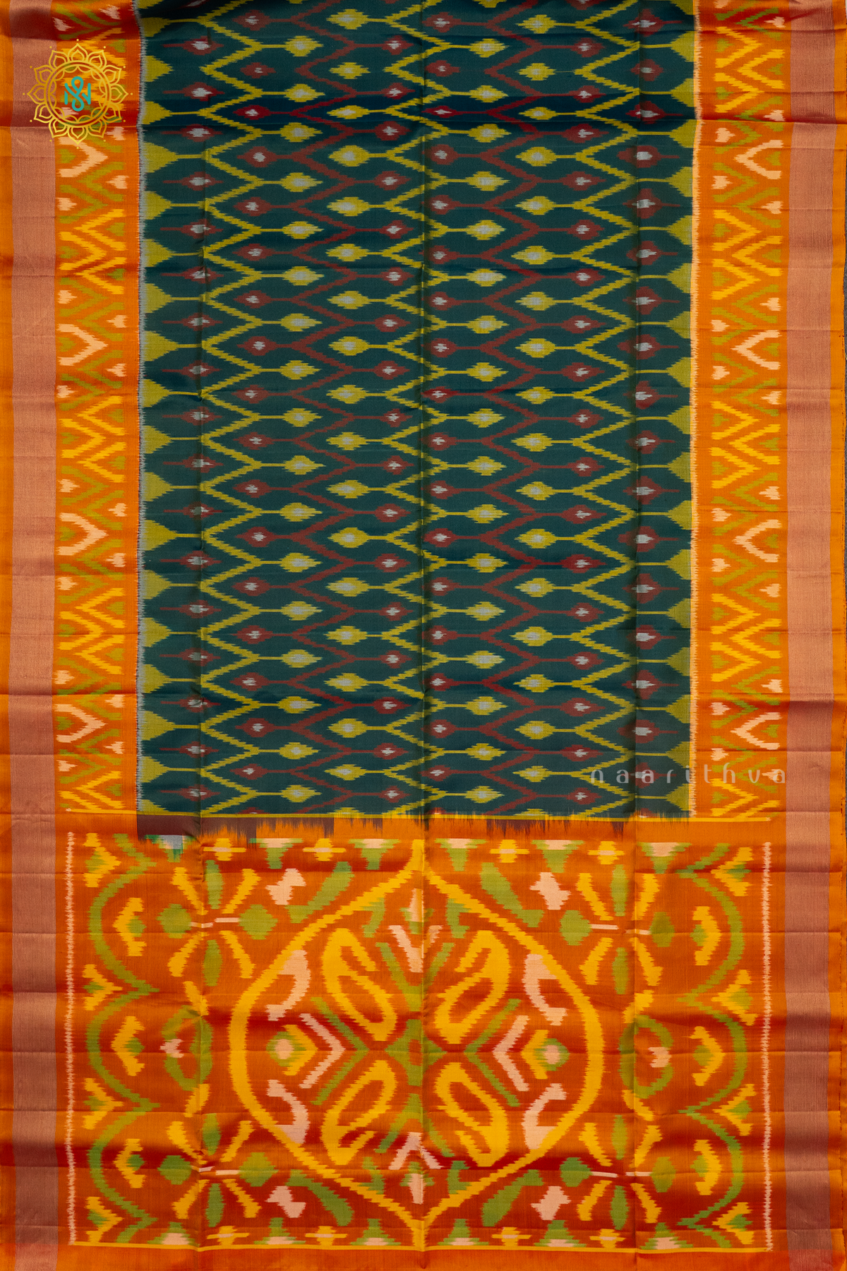 BOTTLE GREEN WITH ORANGE - PURE KANJIVARAM IKAT SOFT SILK