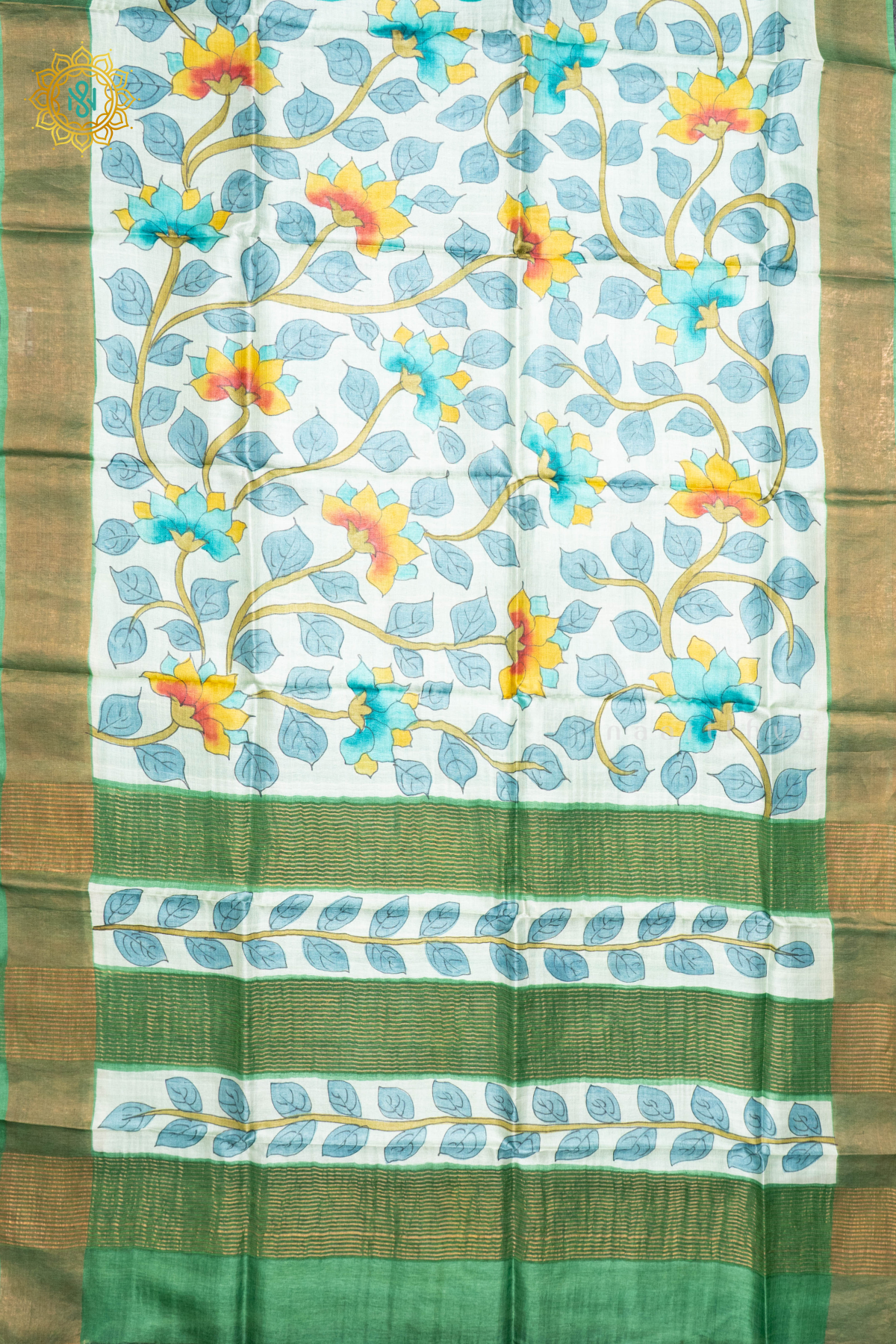 AQUA GREEN WITH LIGHT GREEN - PURE TUSSAR SILK WITH HAND PAINTED
