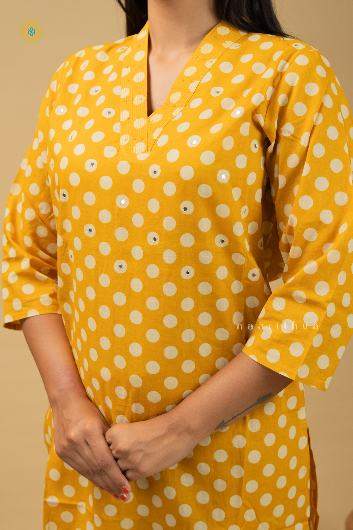 YELLOW - COTTON 2PC SALWAR SUIT WITH POLKA DOTS, TOP & BOTTOM