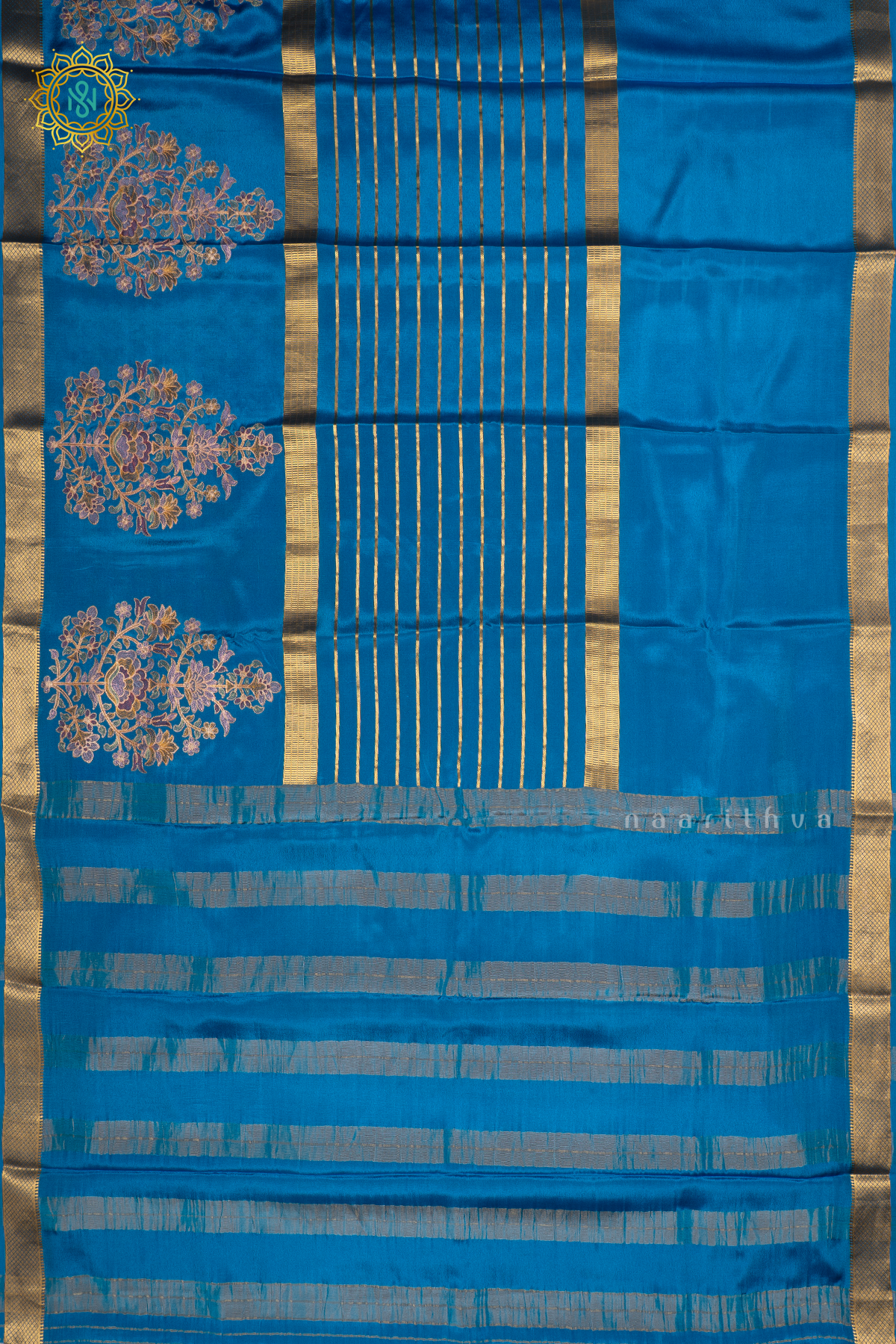 Sky Blue Pure Mysore Crepe Silk Saree With Zari Striped Body And Zari Printed Gap Border Saree With Plain Body And Contrast Zari Border
