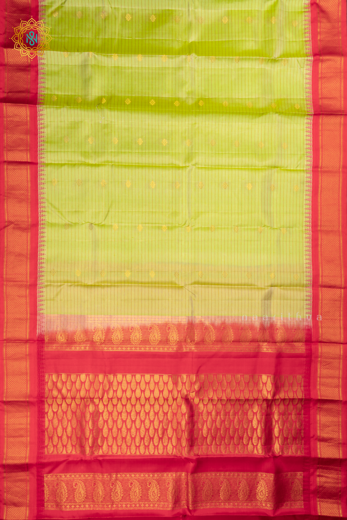 Light Green With Rani Pink Pure Gadwal Silk Saree With Zari Woven Buttas And Contrast Zari Border