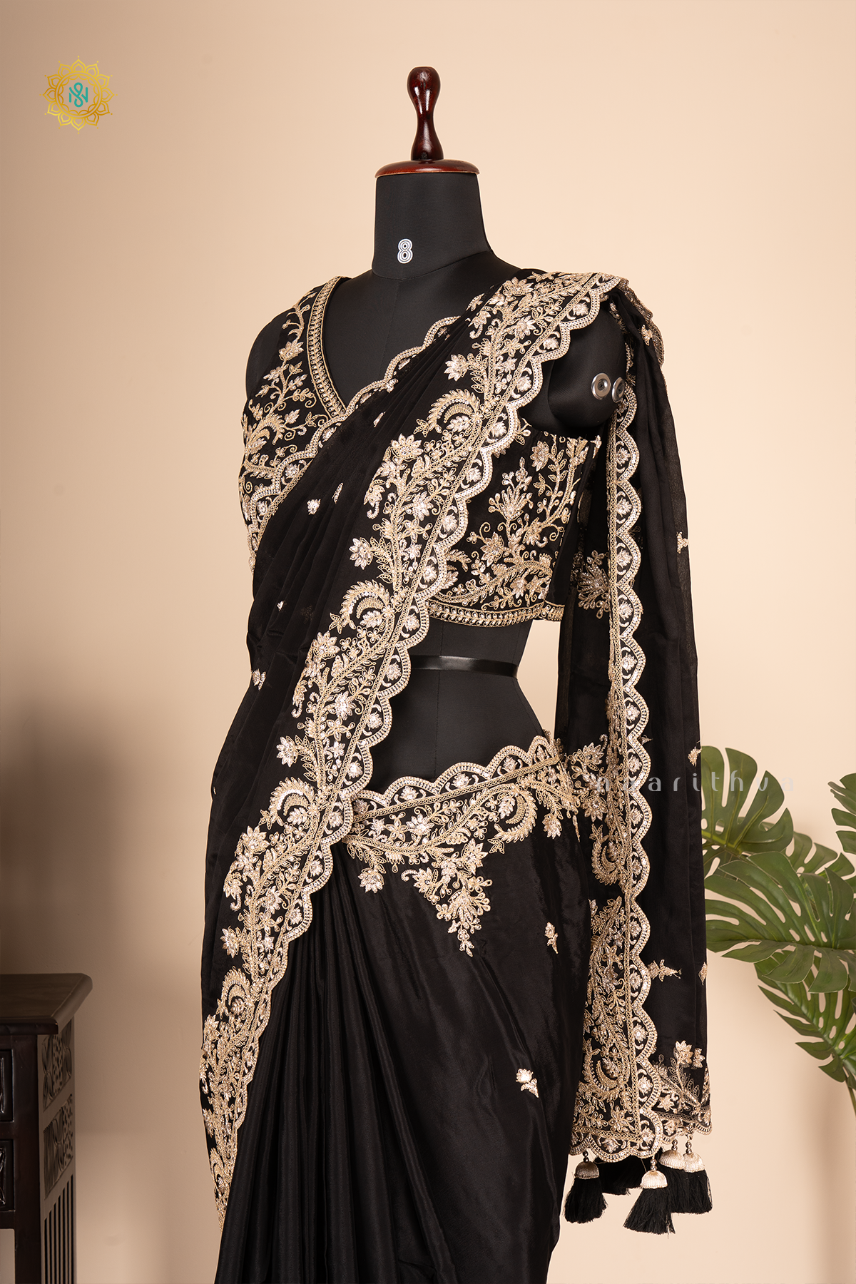 Black Chinnon Designer Wear Saree with Readymade Blouse