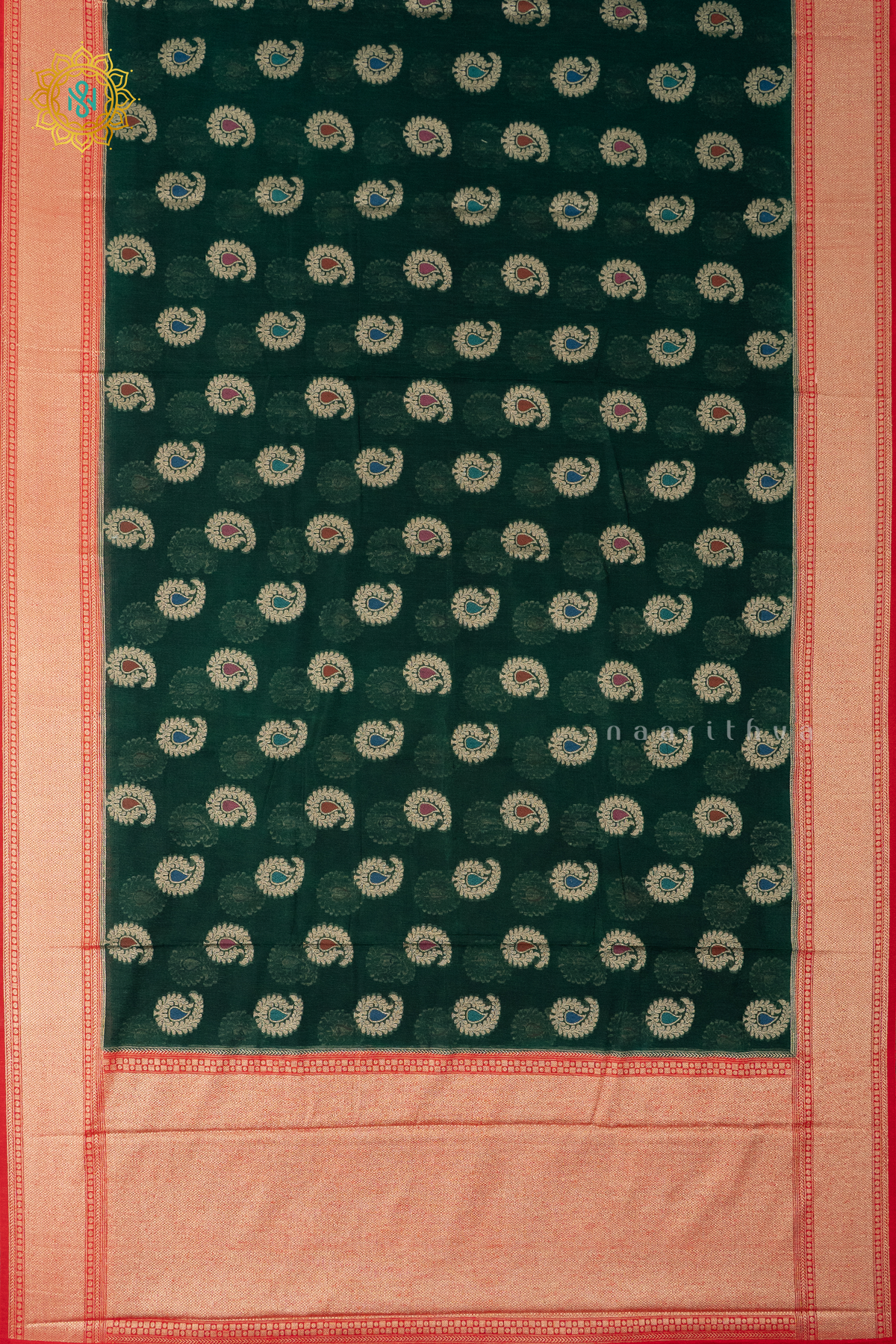 BOTTLE GREEN WITH RED - JUTE COTTON