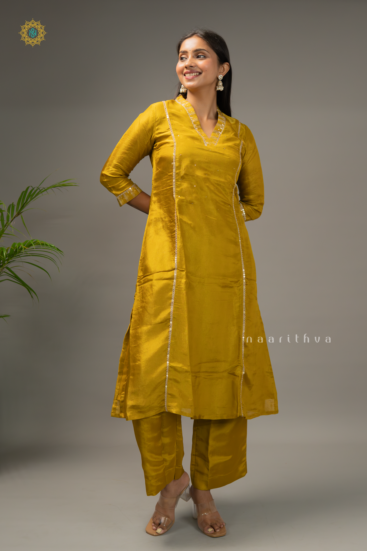 YELLOW - TISSUE SALWAR SUIT WITH SEQUINS WORK TOP, BOTTOM & DUPPATA