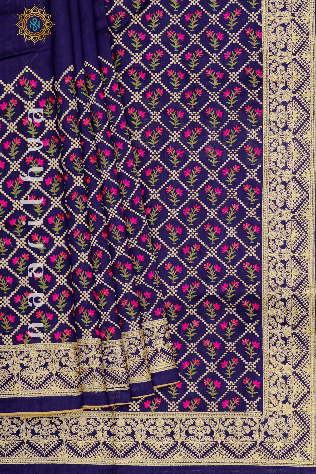 NAVY BLUE - SEMI TUSSAR SILK WITH EMBROIDERY