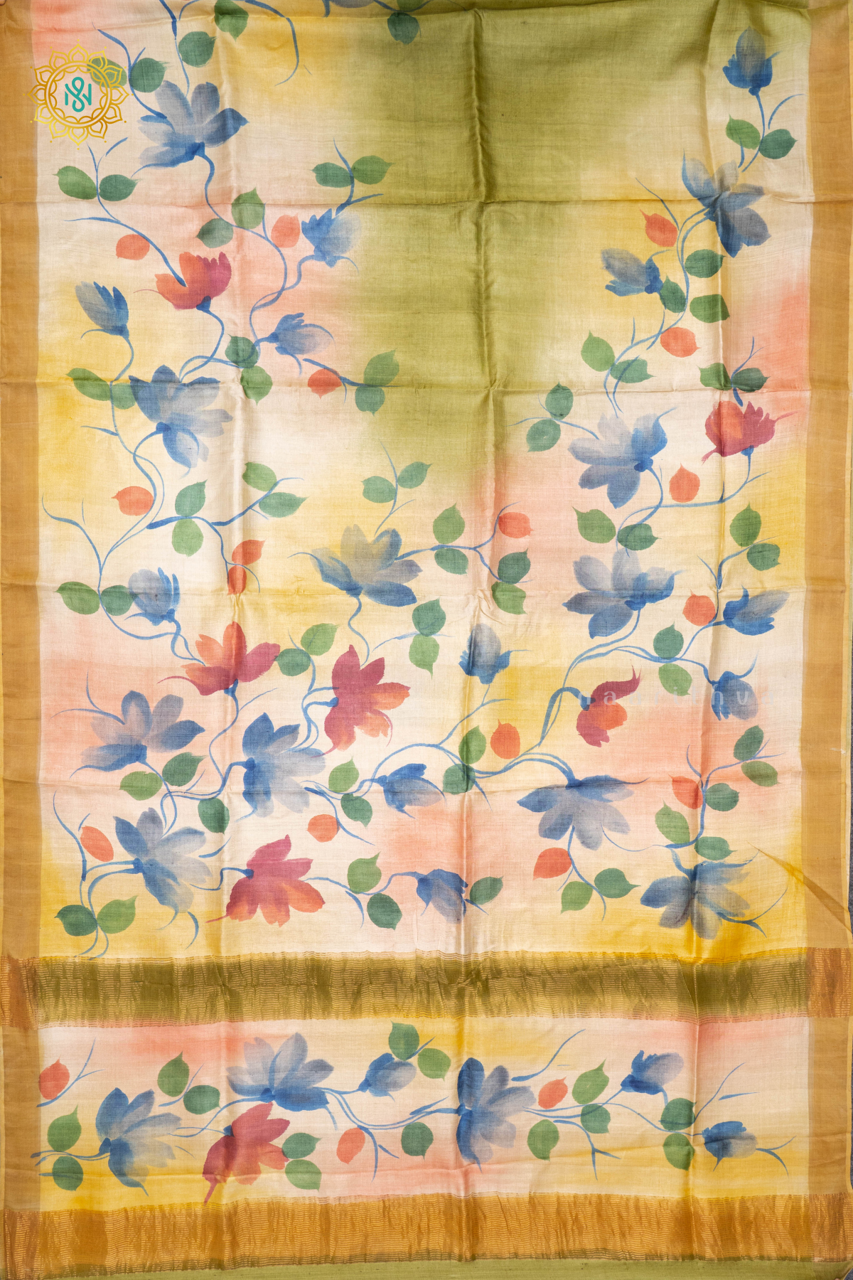 PARROT GREEN WITH MUSTARD - PURE TUSSAR SILK