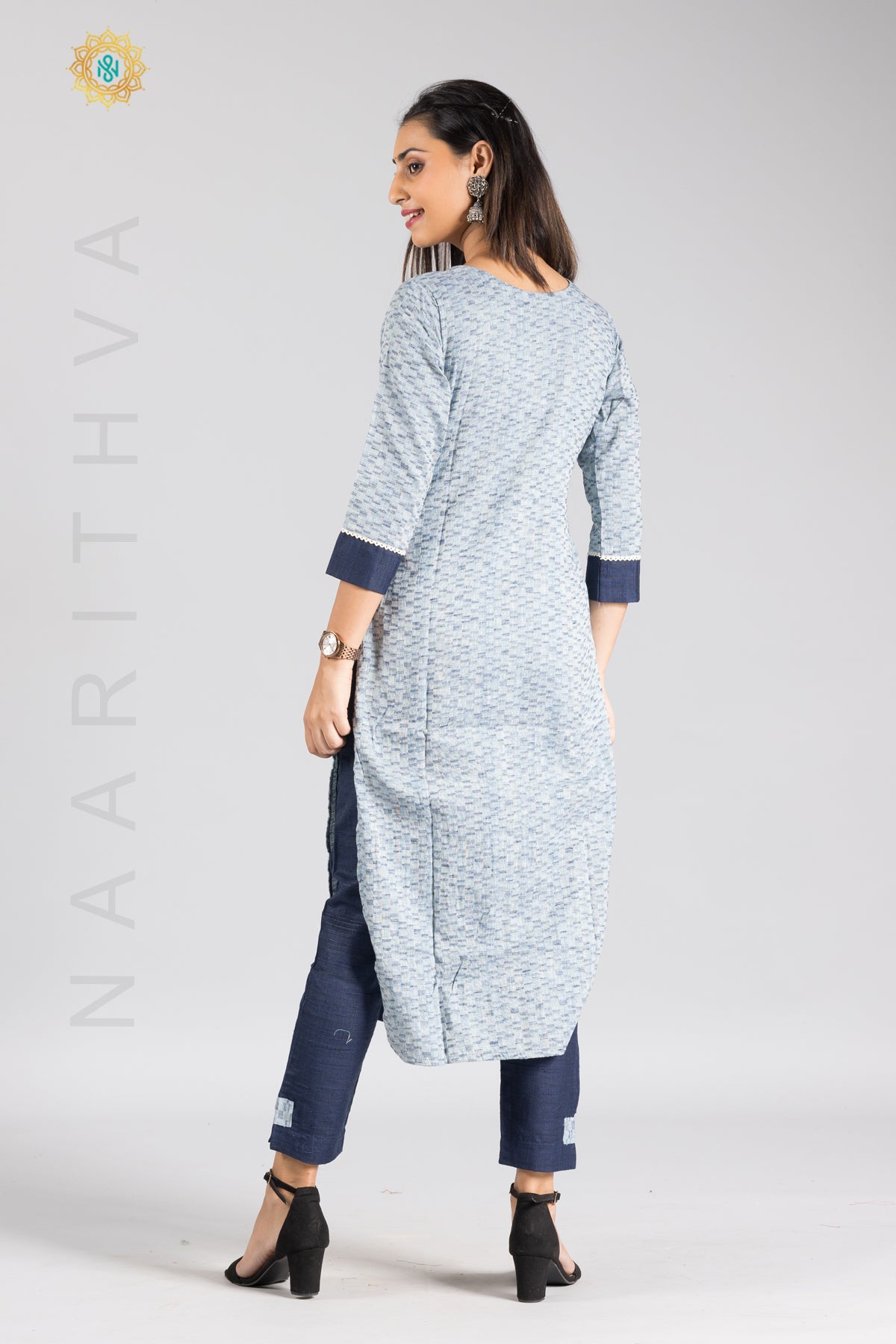 BLUE - COTTON KURTI & BOTTOM SUIT WITH EMBROIDERY WORK