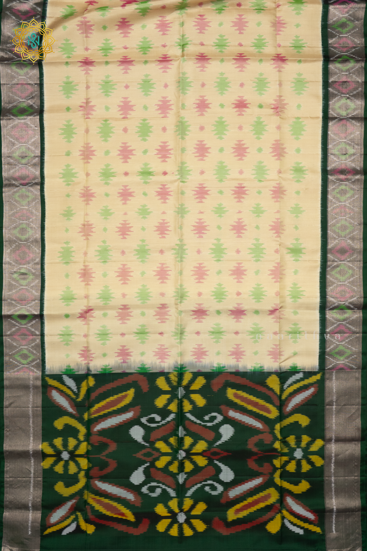 OFF WHITE WITH BOTTLE GREEN - PURE KANJIVARAM IKAT SOFT SILK