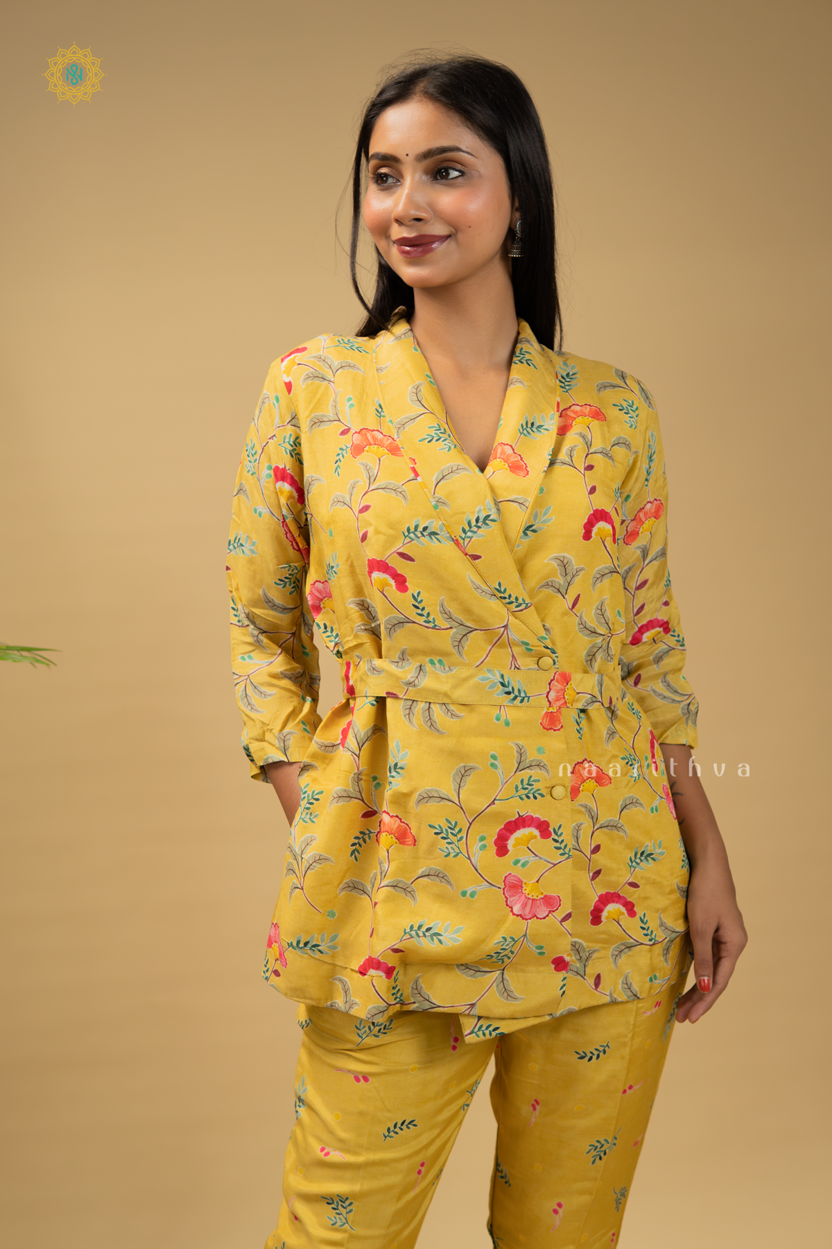 YELLOW - CREPE 2PC CO-ORD SET WITH FLORAL PRINTED TOP & BOTTOM