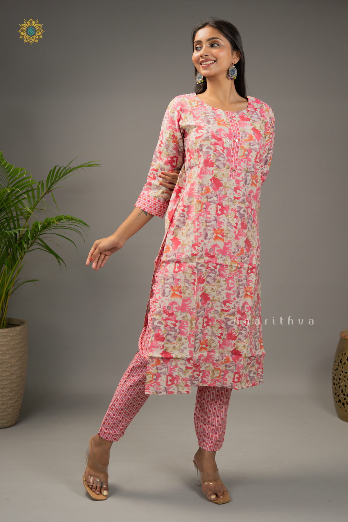 PEACHISH PINK - RAYON 3PC SALWAR SUIT WITH PRINTED TOP, BOTTOM & DUPATTA