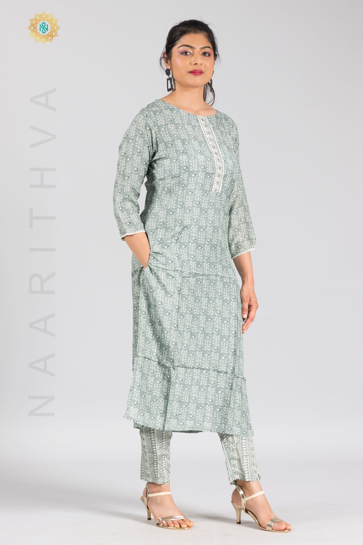 GREENISH GREY - PRINTED STRAIGHT CUT KURTI & BOTTOM SUIT