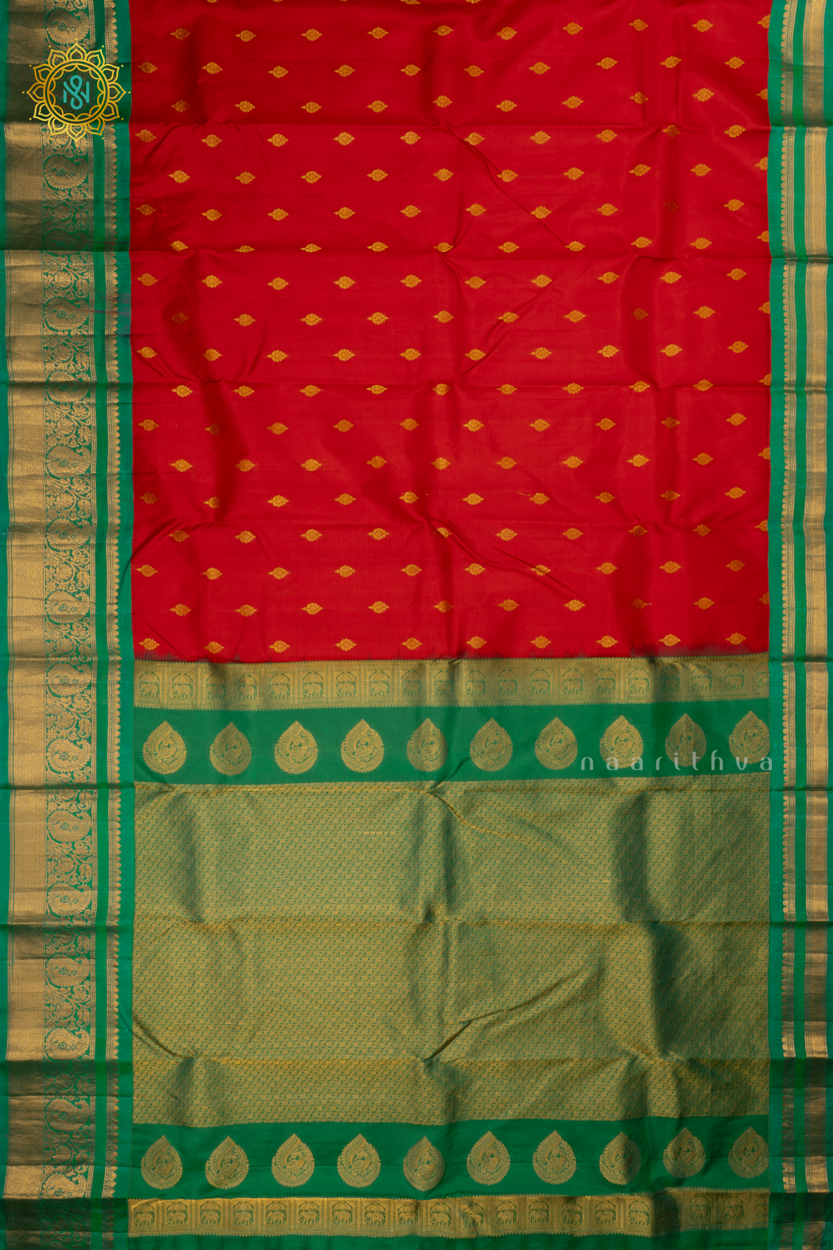 Red With Green Pure Gadwal Silk Saree With Zari Woven Buttas And Contrast Zari Border
