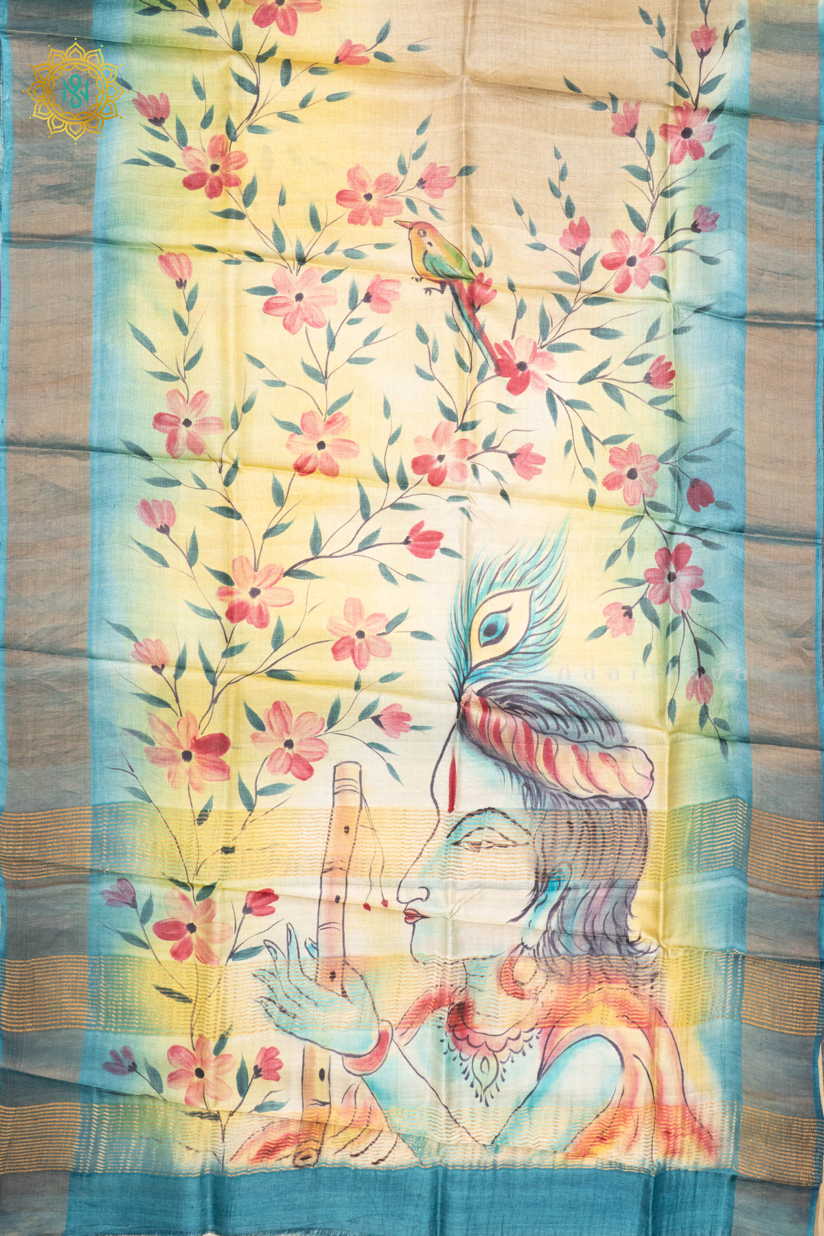 BEIGE WITH AQUA BLUE - PURE TUSSAR SILK WITH HAND PAINTED