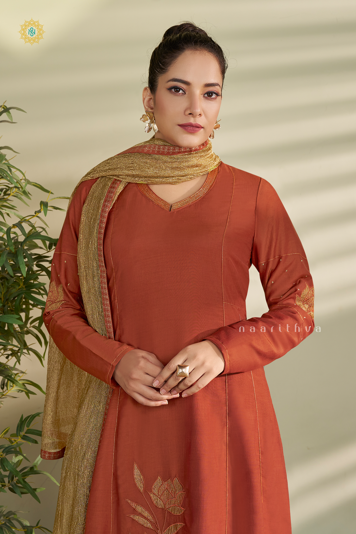 RUST ORANGE WITH GOLD - SILK 3PC SALWAR SUIT WITH TOP, BOTTOM & DUPATTA