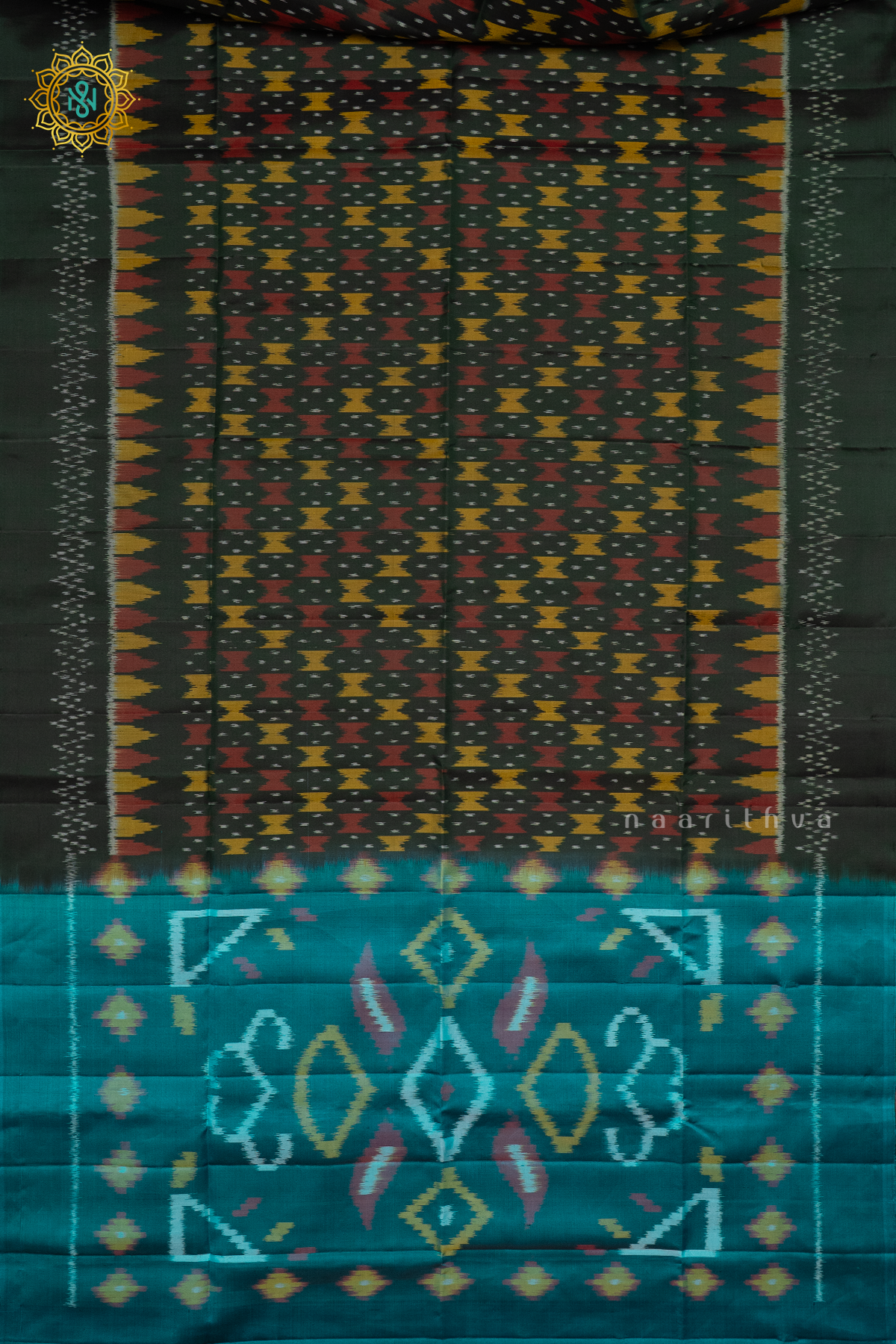 BOTTLE GREEN WITH CYAN GREEN - PURE KANJIVARAM IKAT SOFT SILK