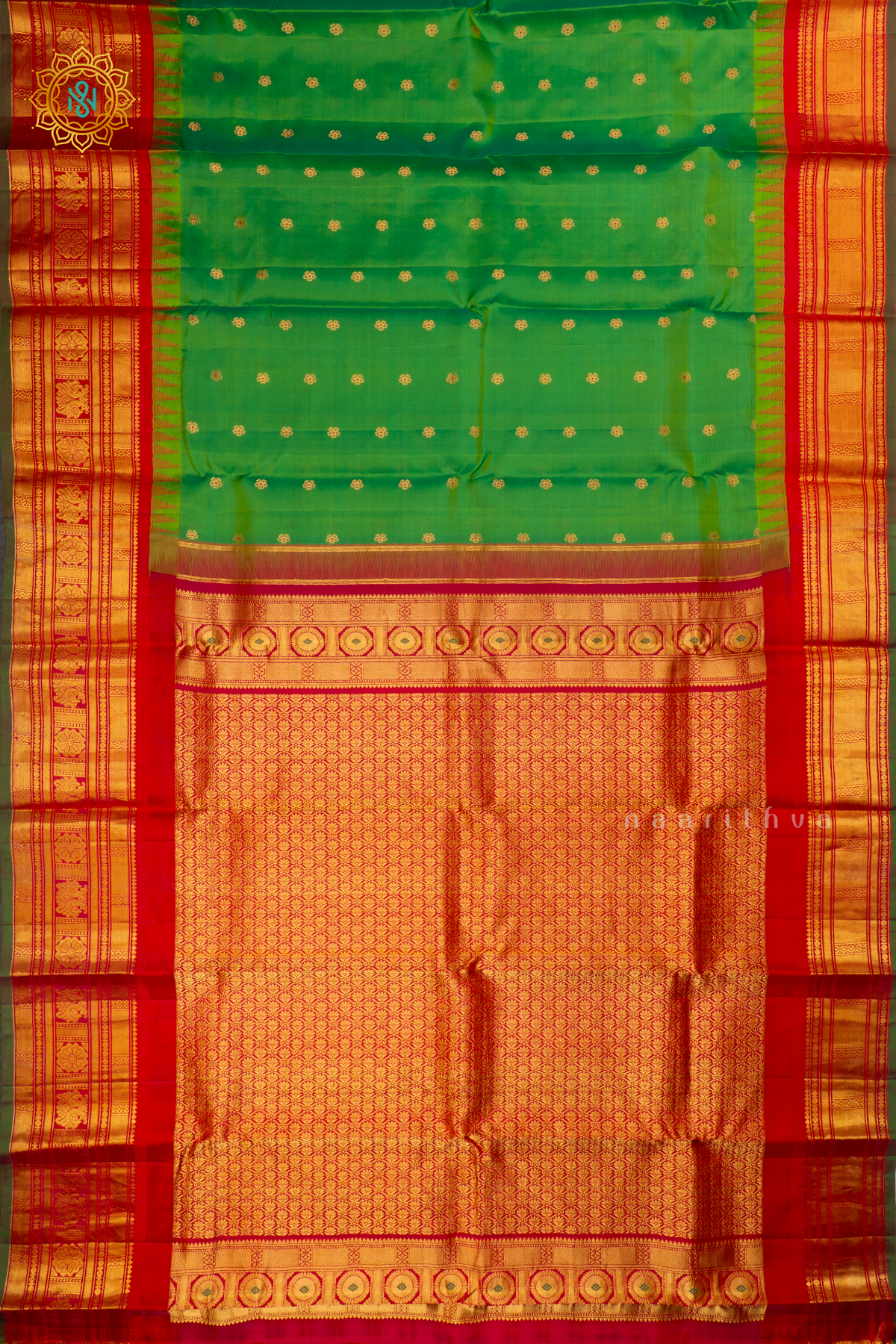 Parrot Green With Red Pure Gadwal Silk Saree With Zari Woven Buttas And Contrast Zari Border