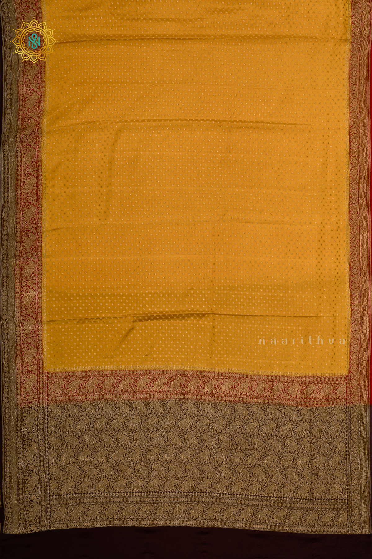 YELLOW WITH RED & BROWN - PURE BANARASI CREPE SILK