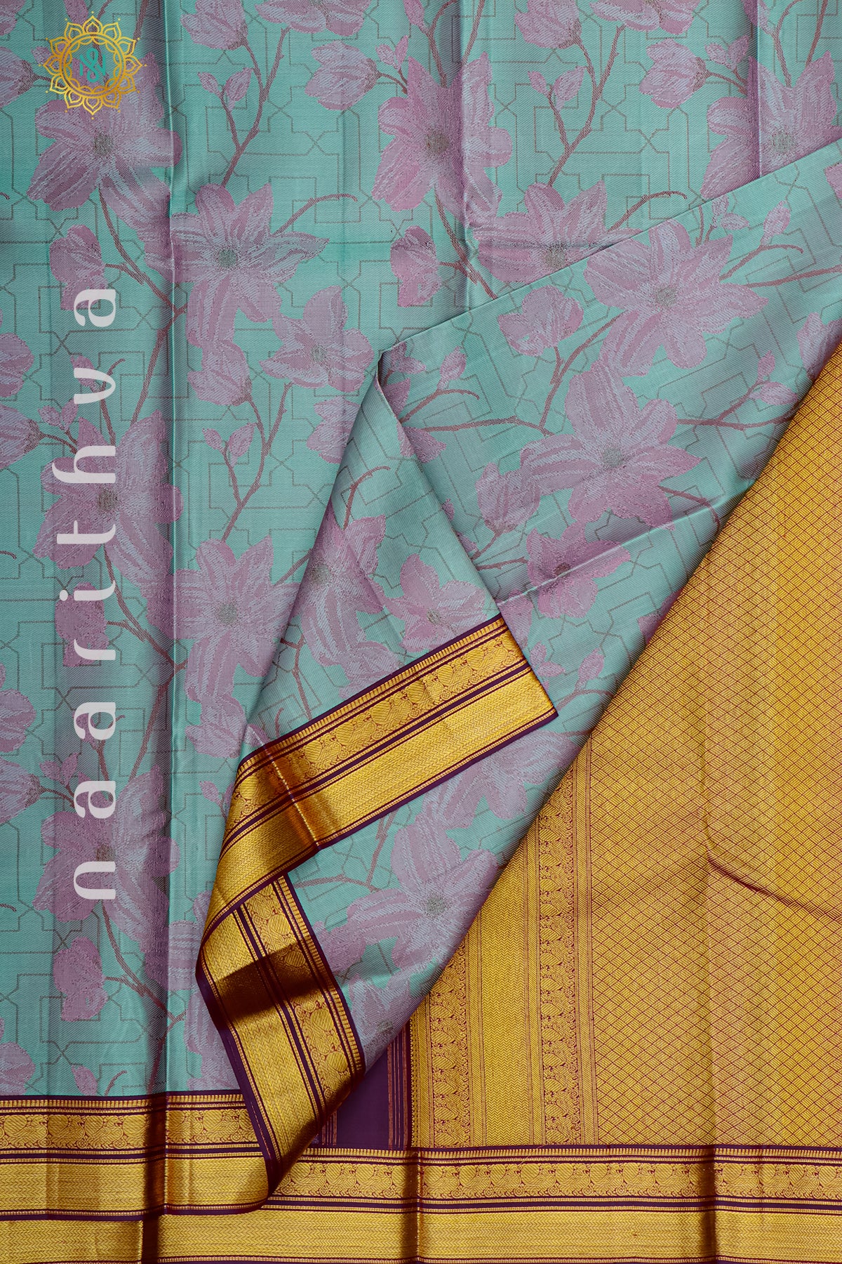 AQUA BLUE WITH DEEP WINE - PURE KANJIVARAM SILK