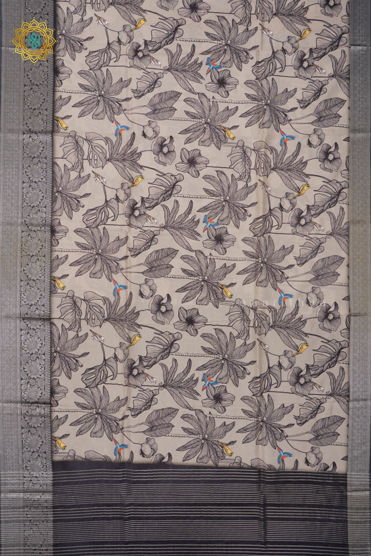 OFF WHITE WITH BLACK - SEMI CREPE SILK