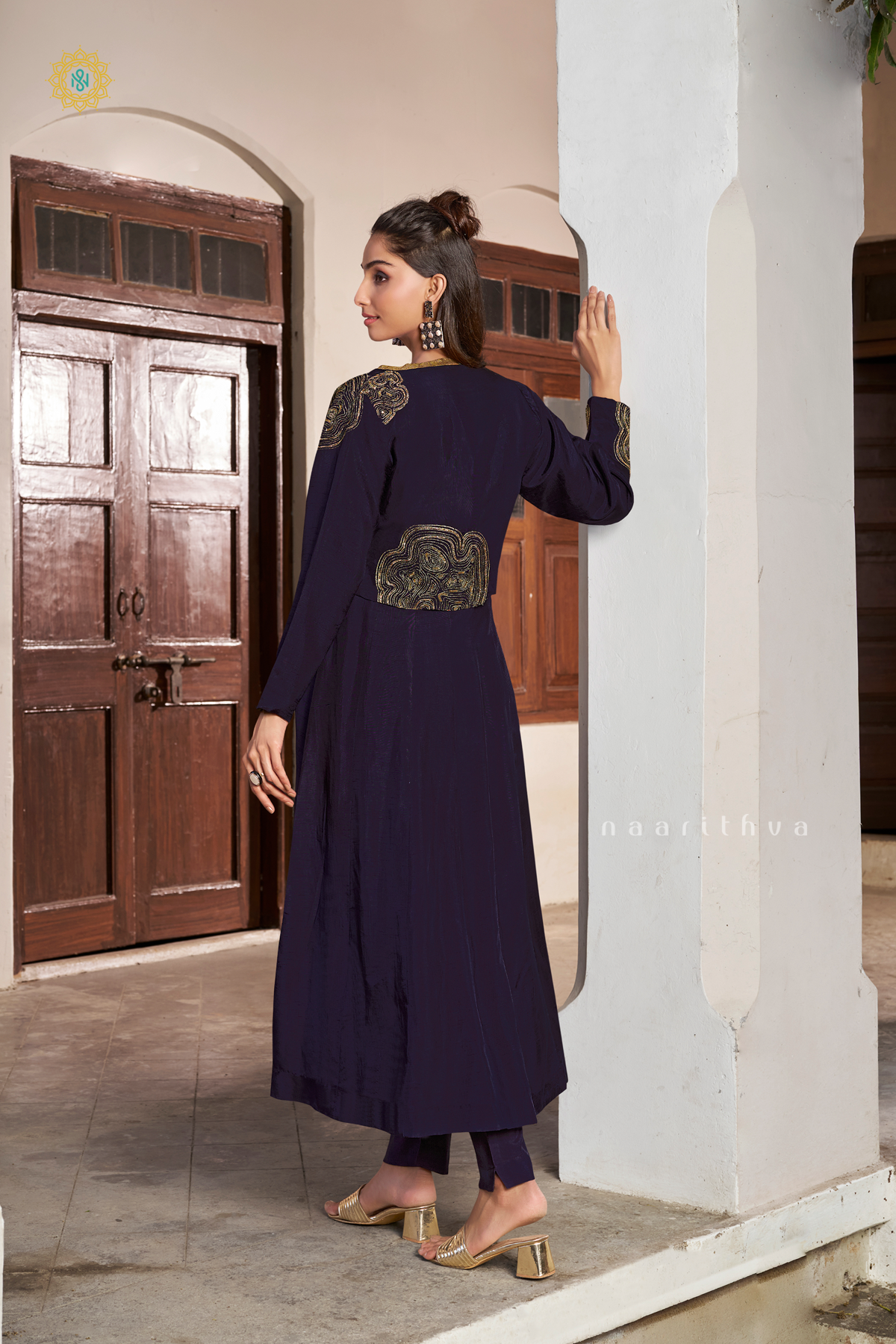 NAVY BLUE - SILK 3PC SALWAR SUIT WITH TOP, BOTTOM & COURT