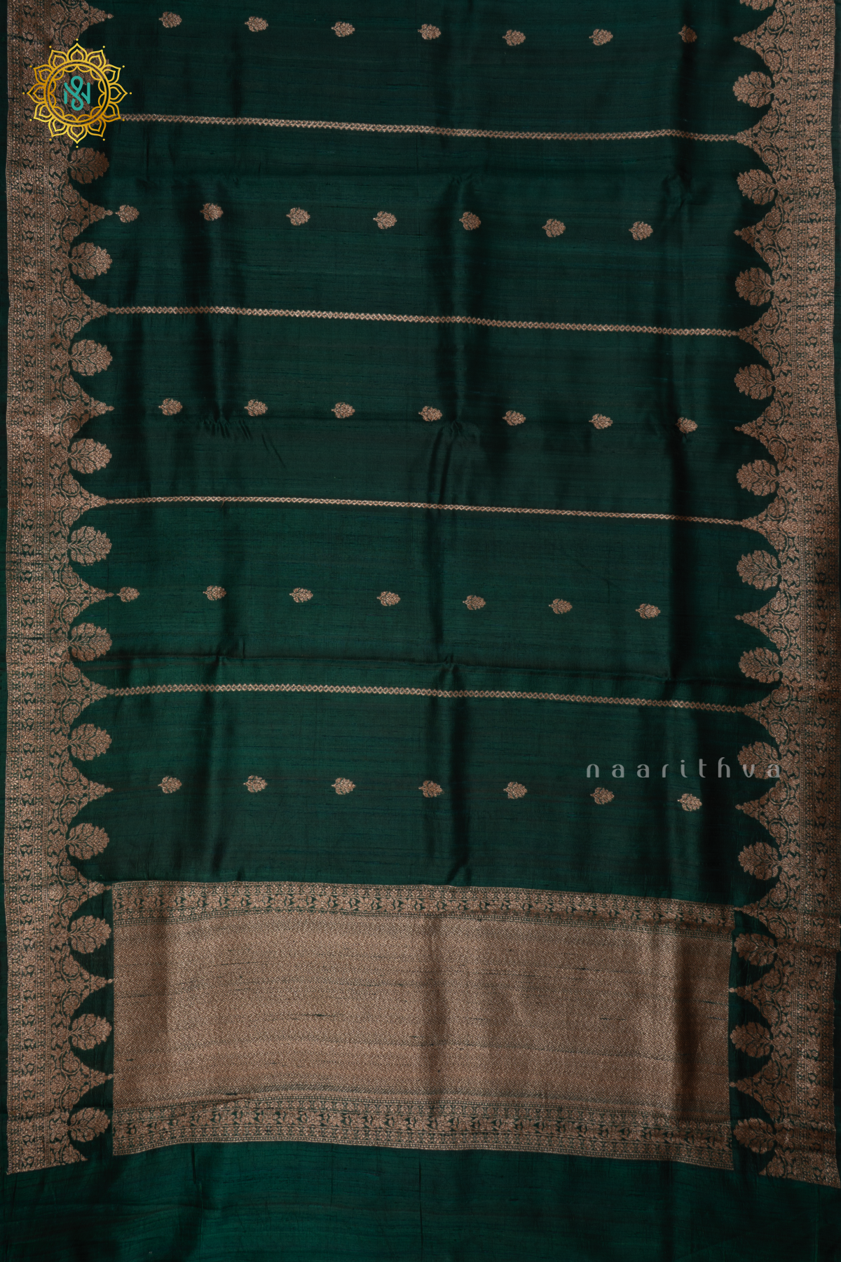 Bottle Green - Pure Banarasi Raw Silk Saree With Allover Zari Woven Buttas And Scallop Border
