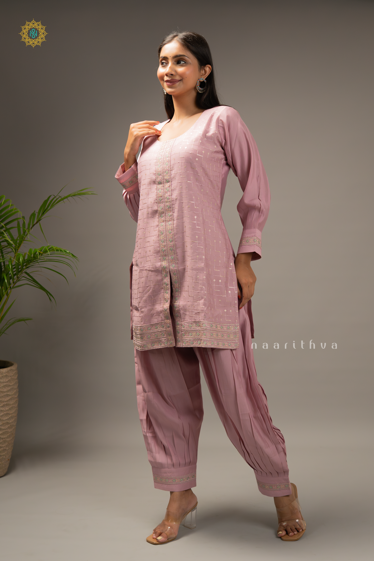 ONION PINK WITH GREEN - SILK 3PC SALWAR SUIT WITH TOP, BOTTOM & DUPATTA