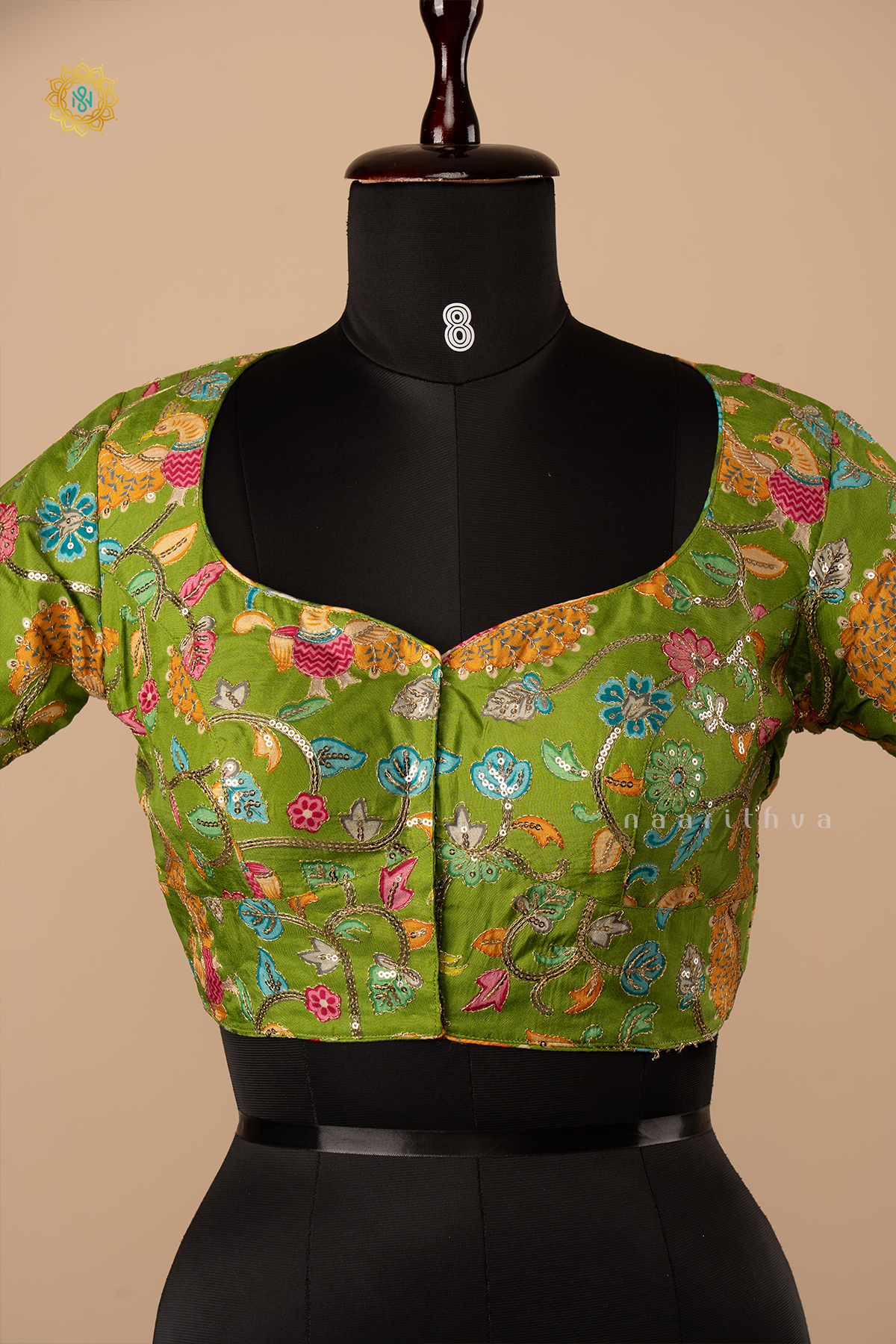 PARROT GREEN - DOLA SILK READYMADE BLOUSE WITH POSITION PRINTS & AARI WORK