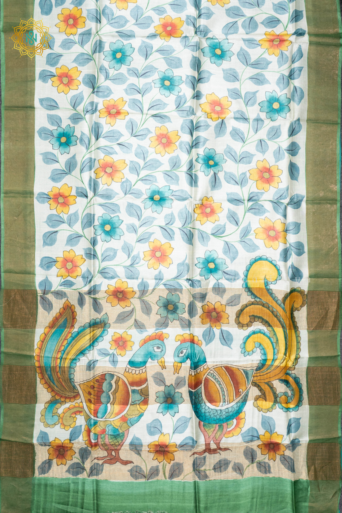 AQUA GREEN WITH LIGHT GREEN - PURE TUSSAR SILK WITH HAND PAINTED