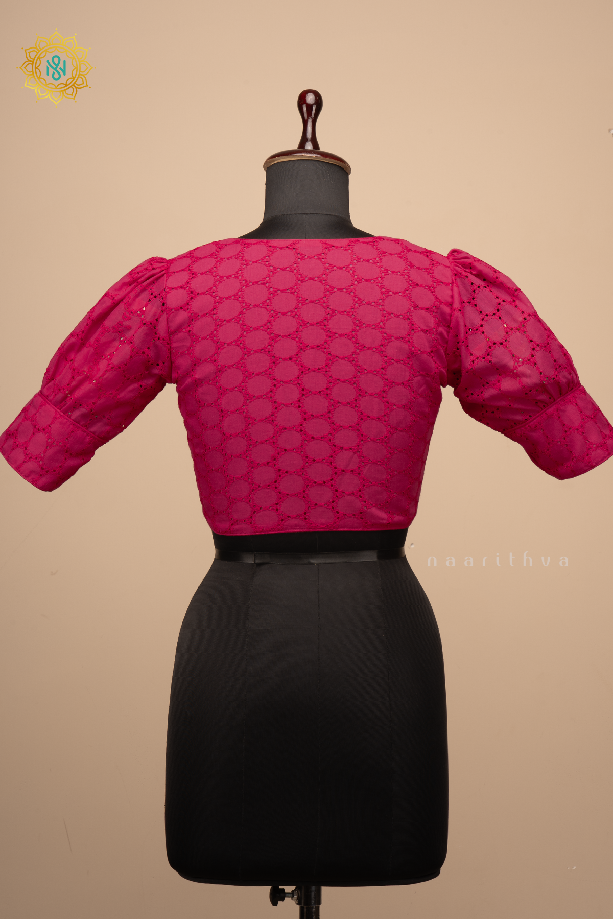 Pink - Cotton readymade blouse with hakoba work and puff sleeves