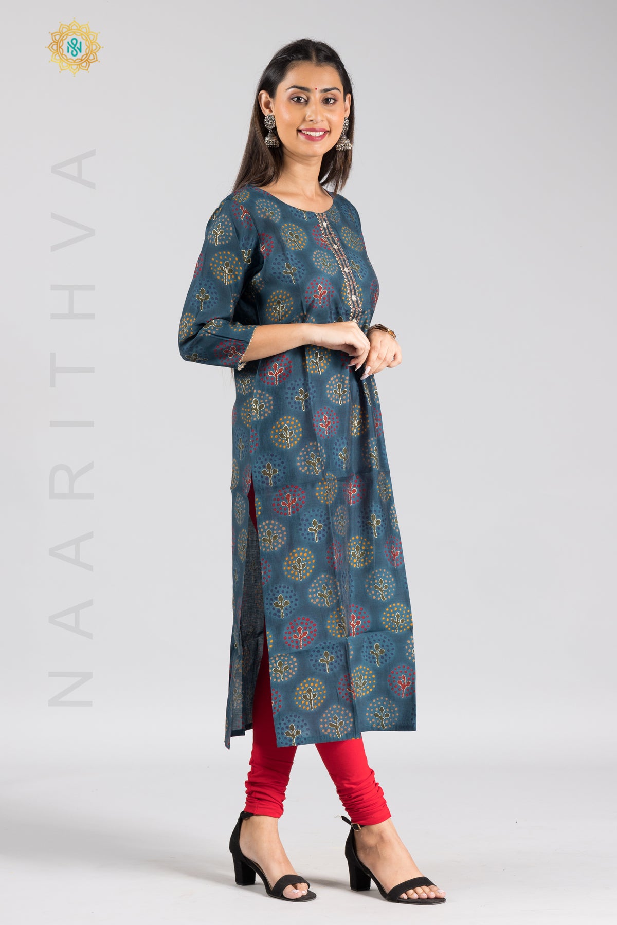 BLUE - MODAL SILK CASUAL PRINTED STRAIGHT CUT KURTI WITH NECK EMBROIDERY