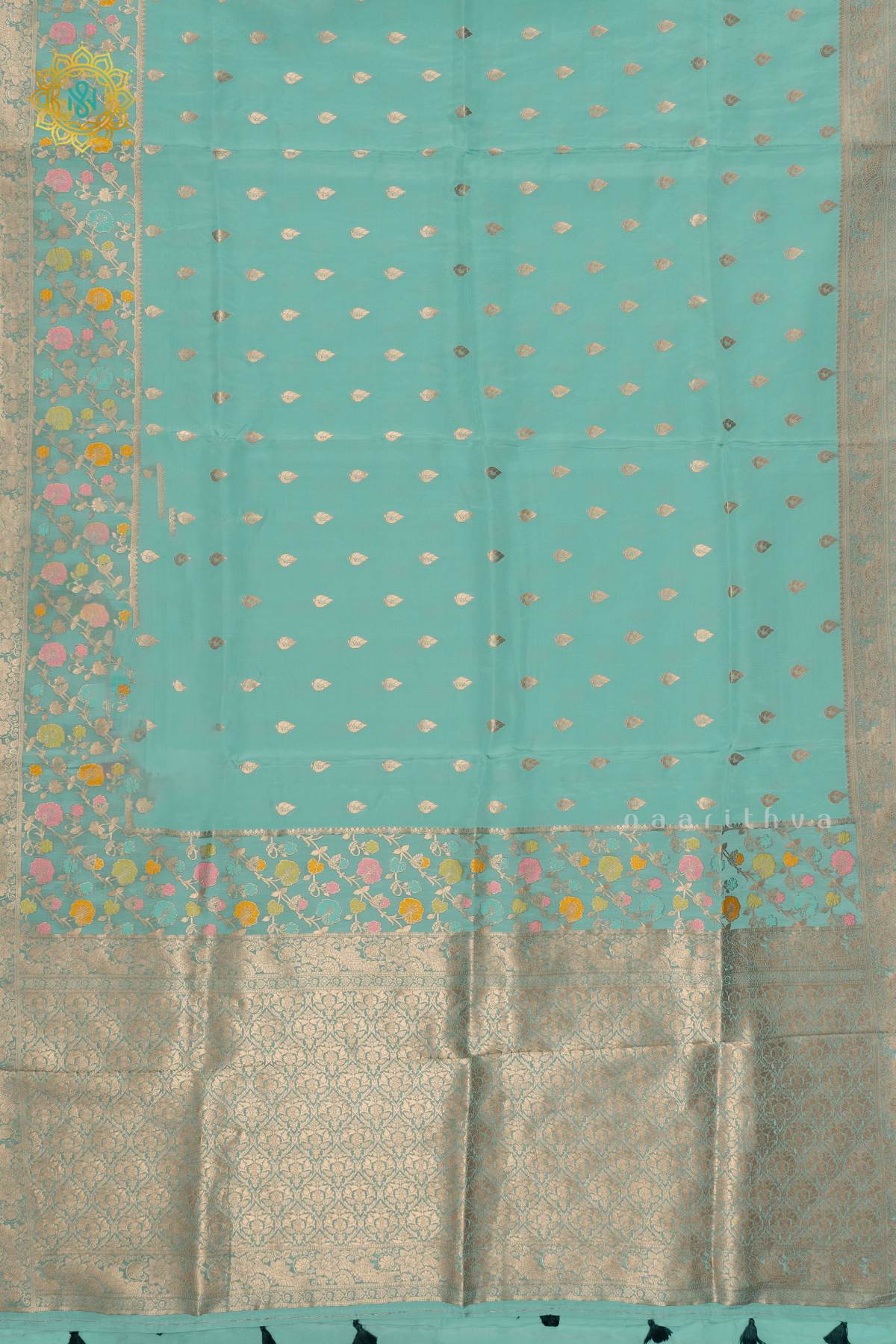 AQUA GREEN WITH BOTTLE GREEN - SATIN CREPE