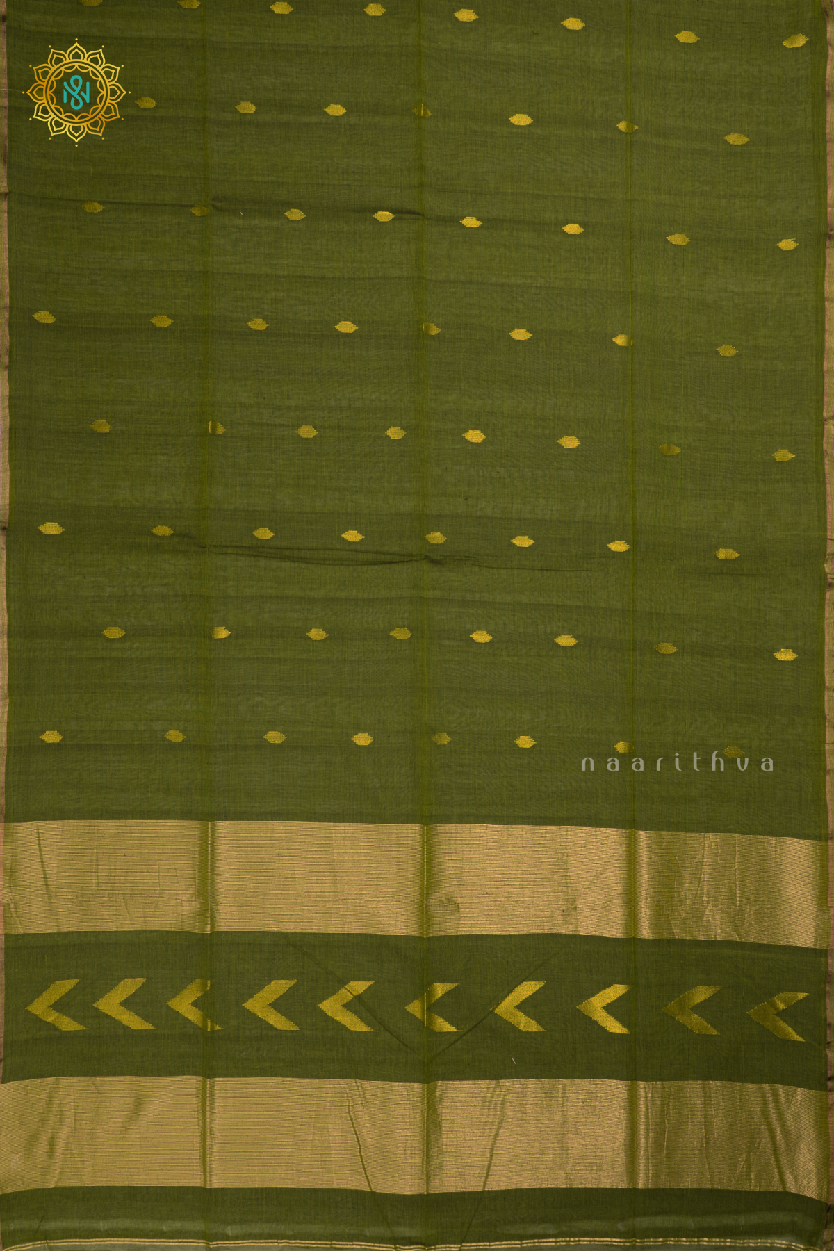 Olive Green Mul Cotton Saree With Thread Woven Buttas On The Body And Contrast Border