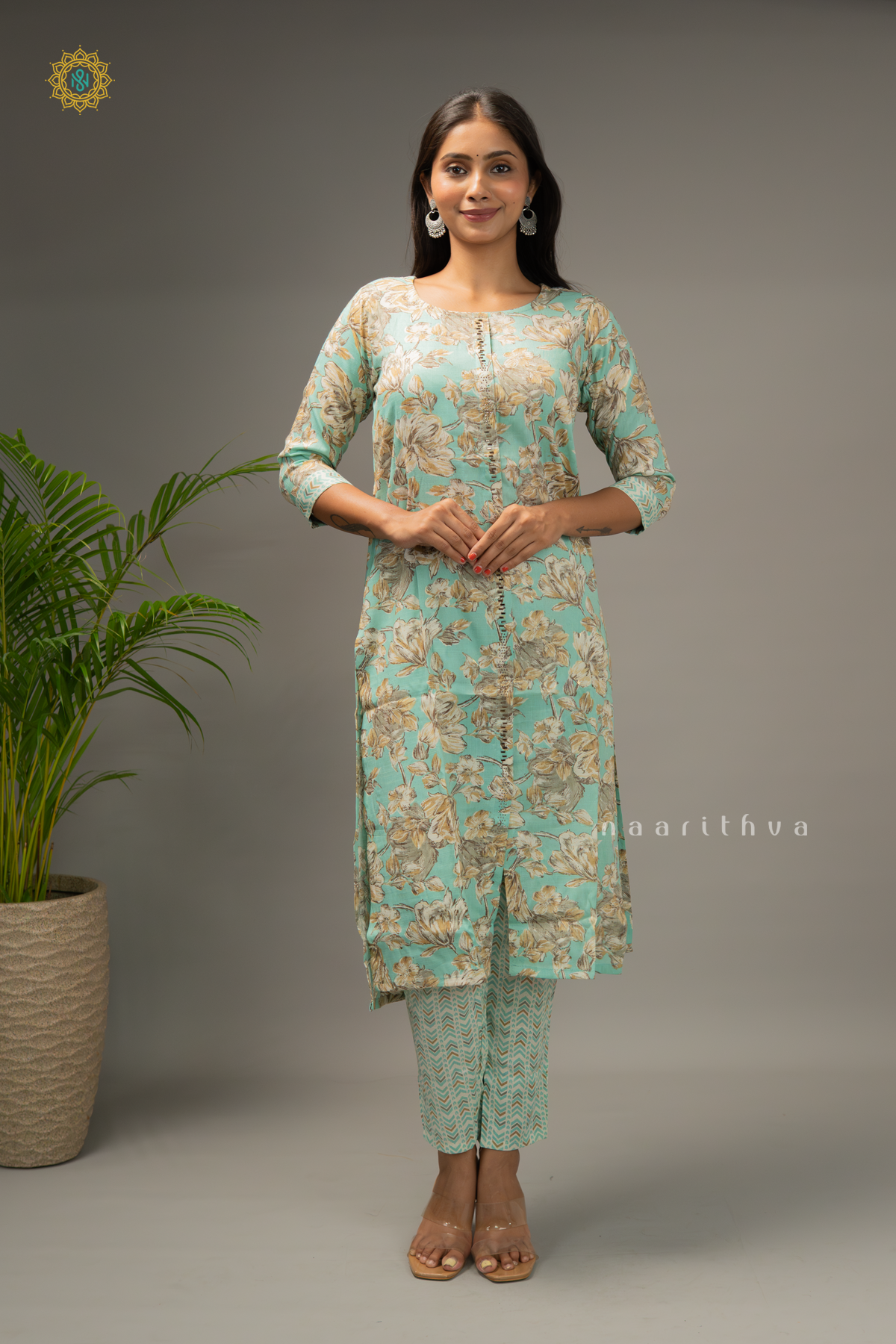 AQUA GREEN - 3PC SALWAR SUIT WITH PRINTED TOP, DUPATTA & BOTTOM