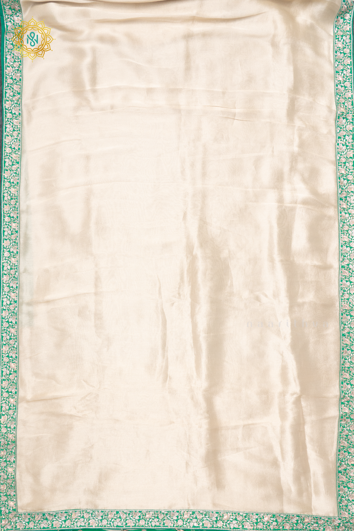 WHITE WITH GREEN - TISSUE PARTY WEAR SAREE WITH READYMADE BLOUSE