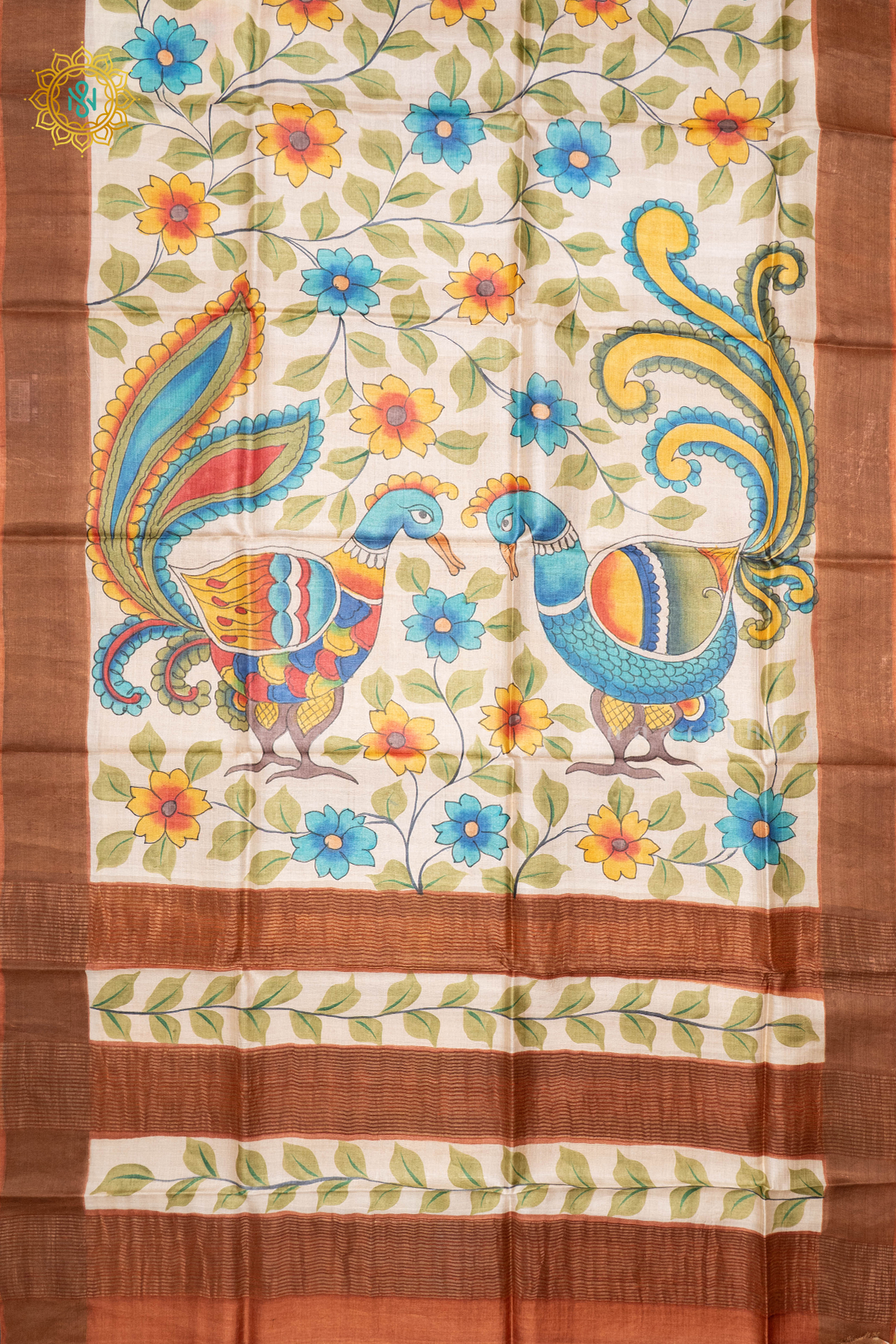 MUSTARD WITH PEACH - PURE TUSSAR SILK WITH HAND PAINTED