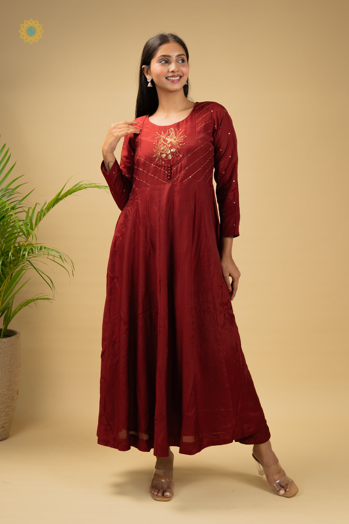MAROON WITH GOLD - 3PC SILK SALWAR SUITS WITH TOP, BOTTOM & DUPATTA