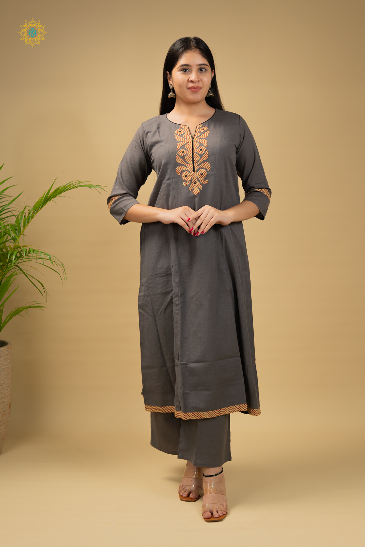 ELEPHANT GREY WITH BEIGE - COTTON 3PC SALWAR SUIT WITH TOP, BOTTOM & DUPATTA
