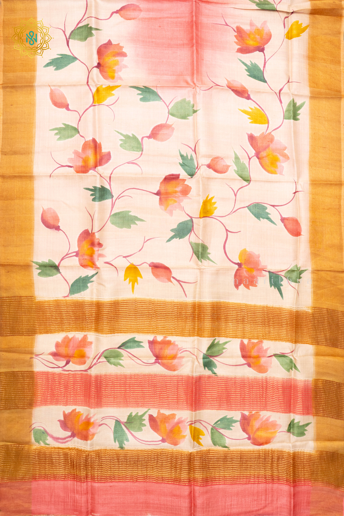 PEACHISH PINK WITH MUSTARD - PURE TUSSAR SILK WITH HAND PAINTED