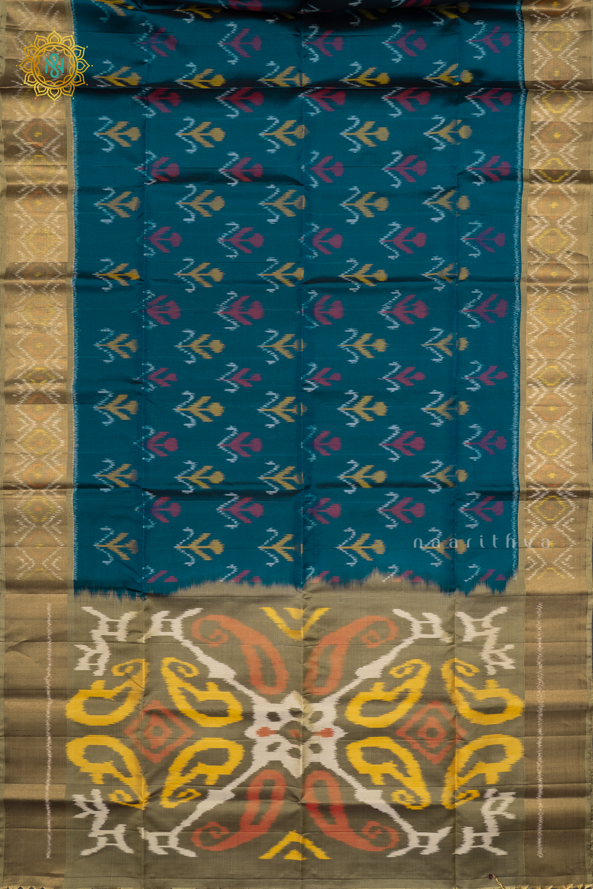 PEACOCK BLUE WITH OLIVE GREEN - PURE KANJIVARAM IKAT SOFT SILK
