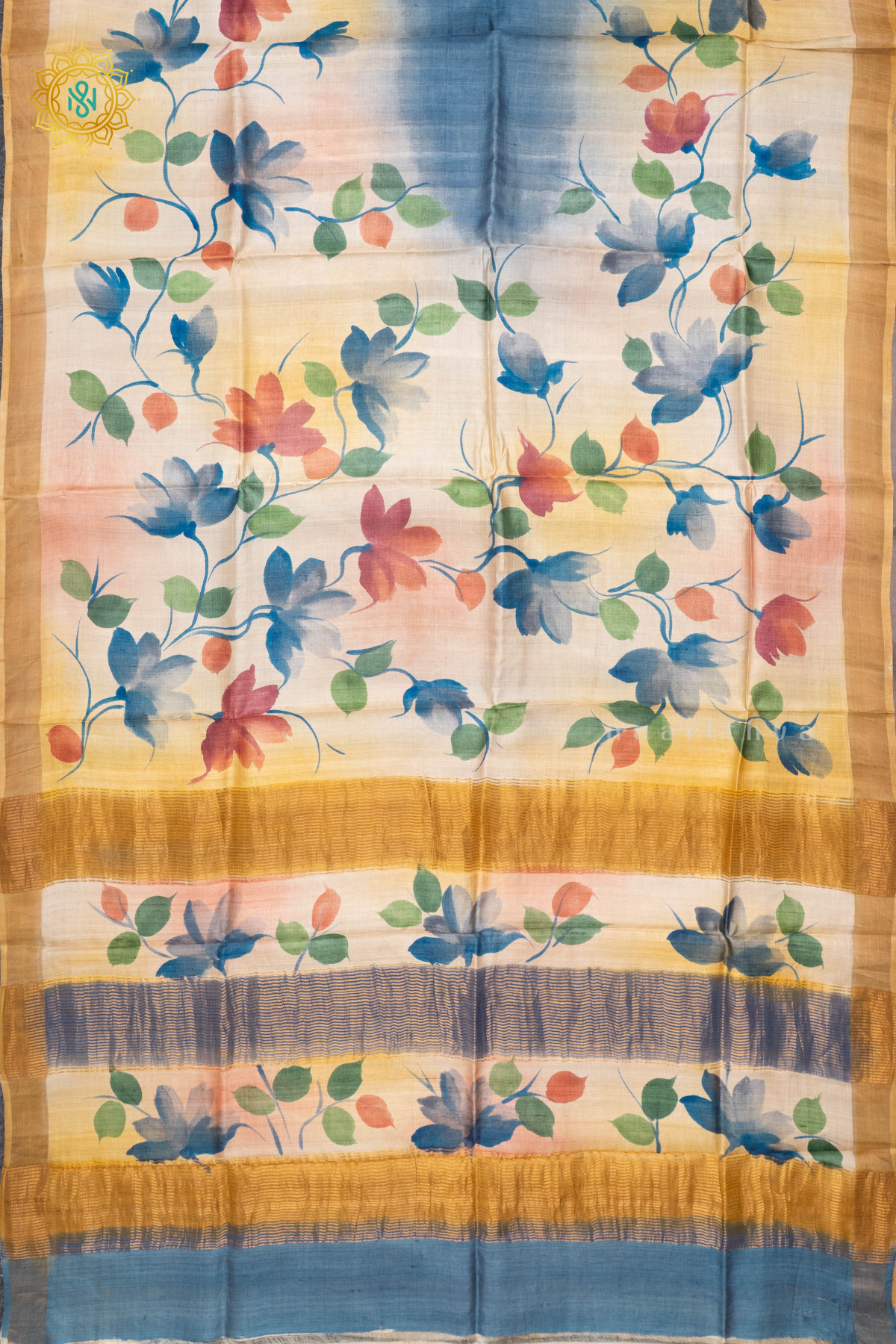 BLUE WITH YELLOW - PURE TUSSAR SILK WITH HAND PAINTED
