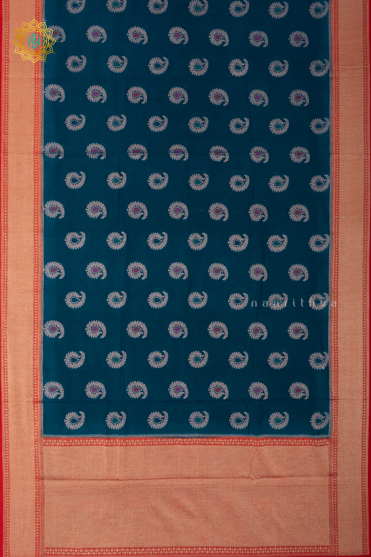 CYAN BLUE WITH RED - JUTE COTTON