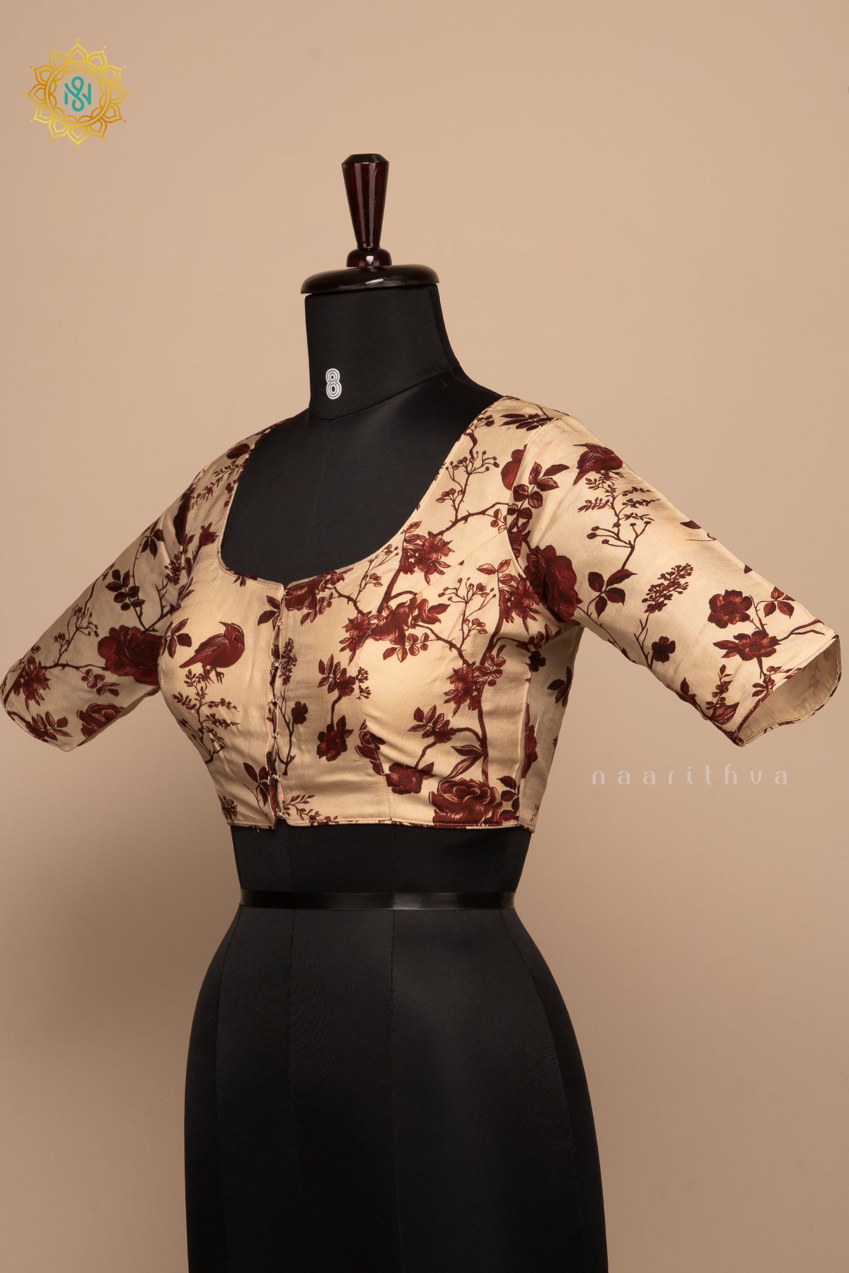 Beige With Maroon - Dola Silk Readymade Blouse With Floral Prints