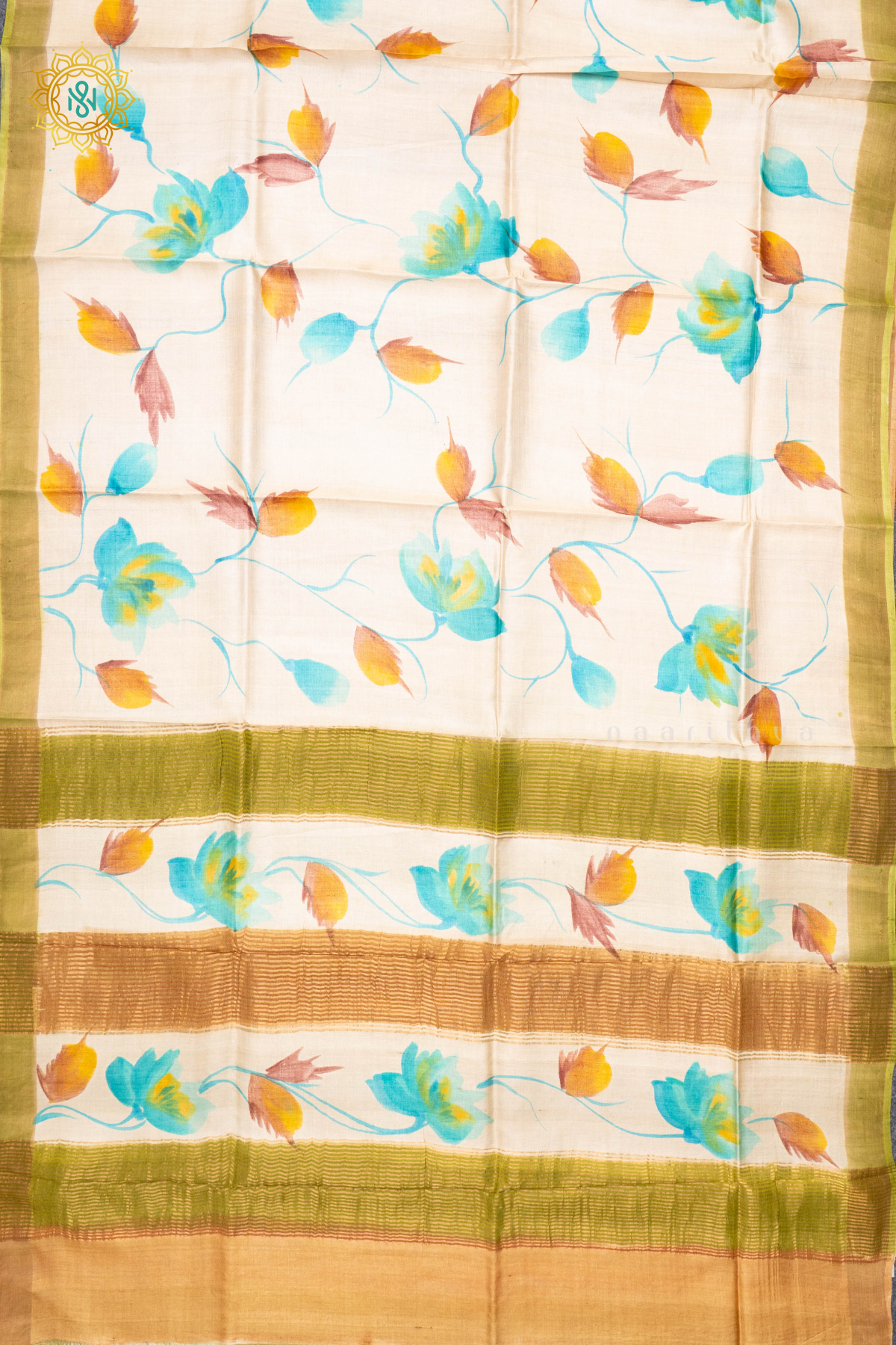 MUSTARD WITH LIGHT GREEN - PURE TUSSAR SILK WITH HAND PAINTED