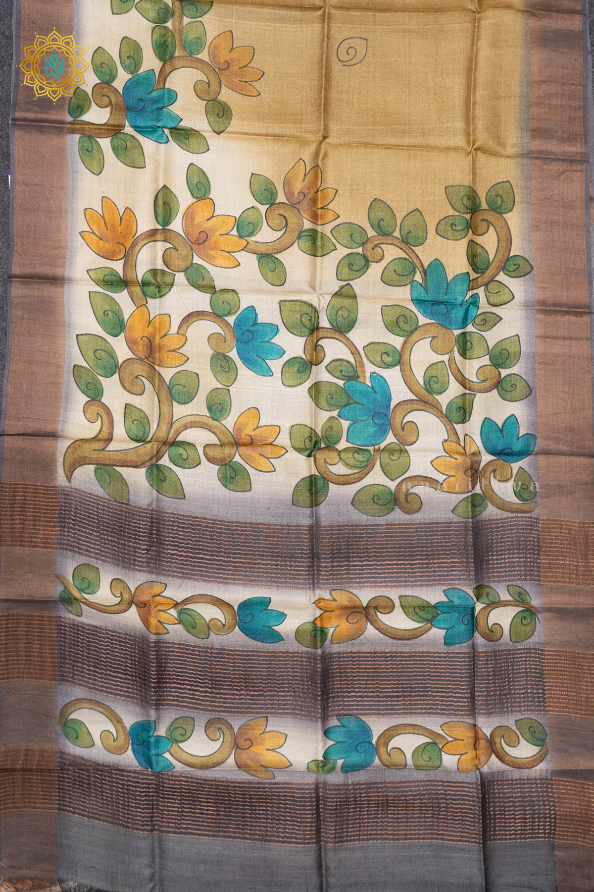 OLIVE GREEN WITH GREY - PURE TUSSAR SILK WITH HAND PAINTED