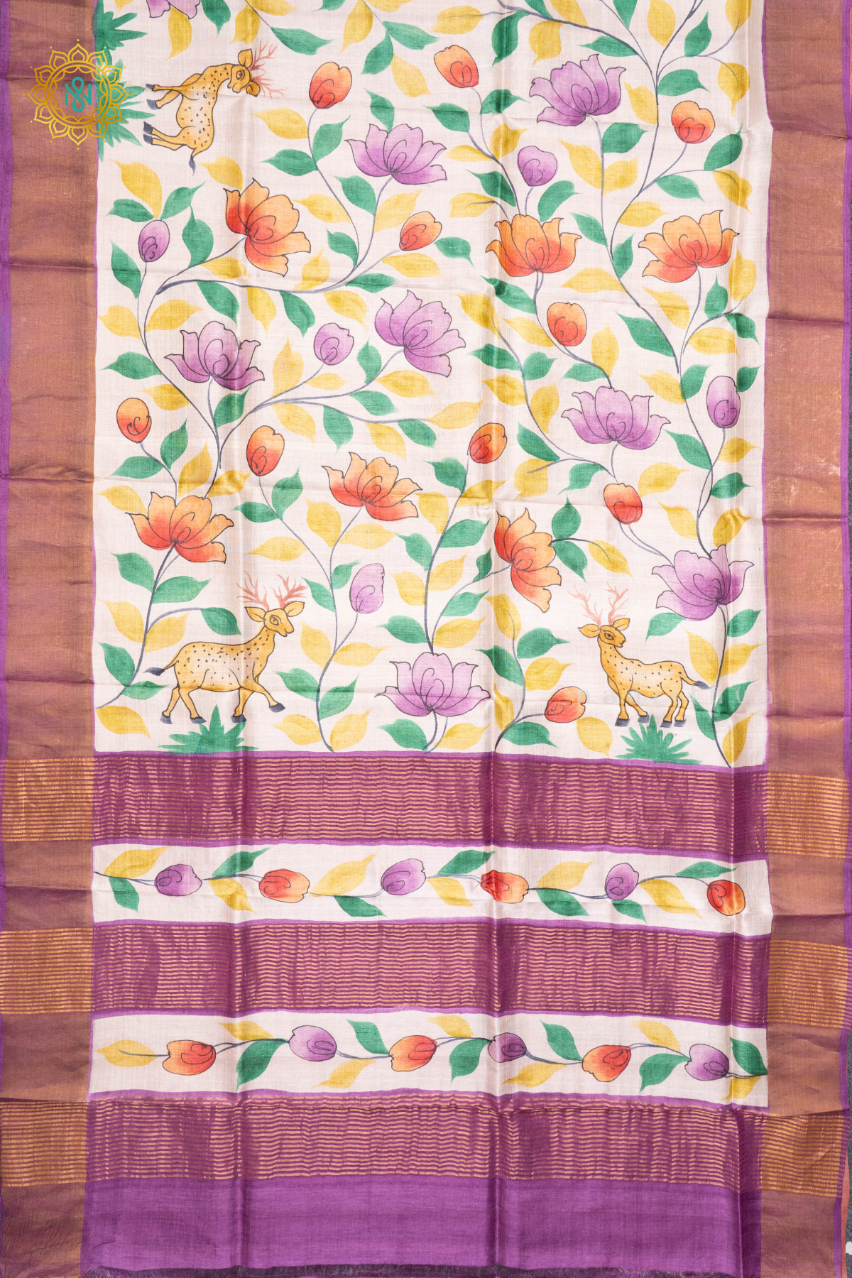 PEACH WITH MAGENTA - PURE TUSSAR SILK WITH HAND PAINTED