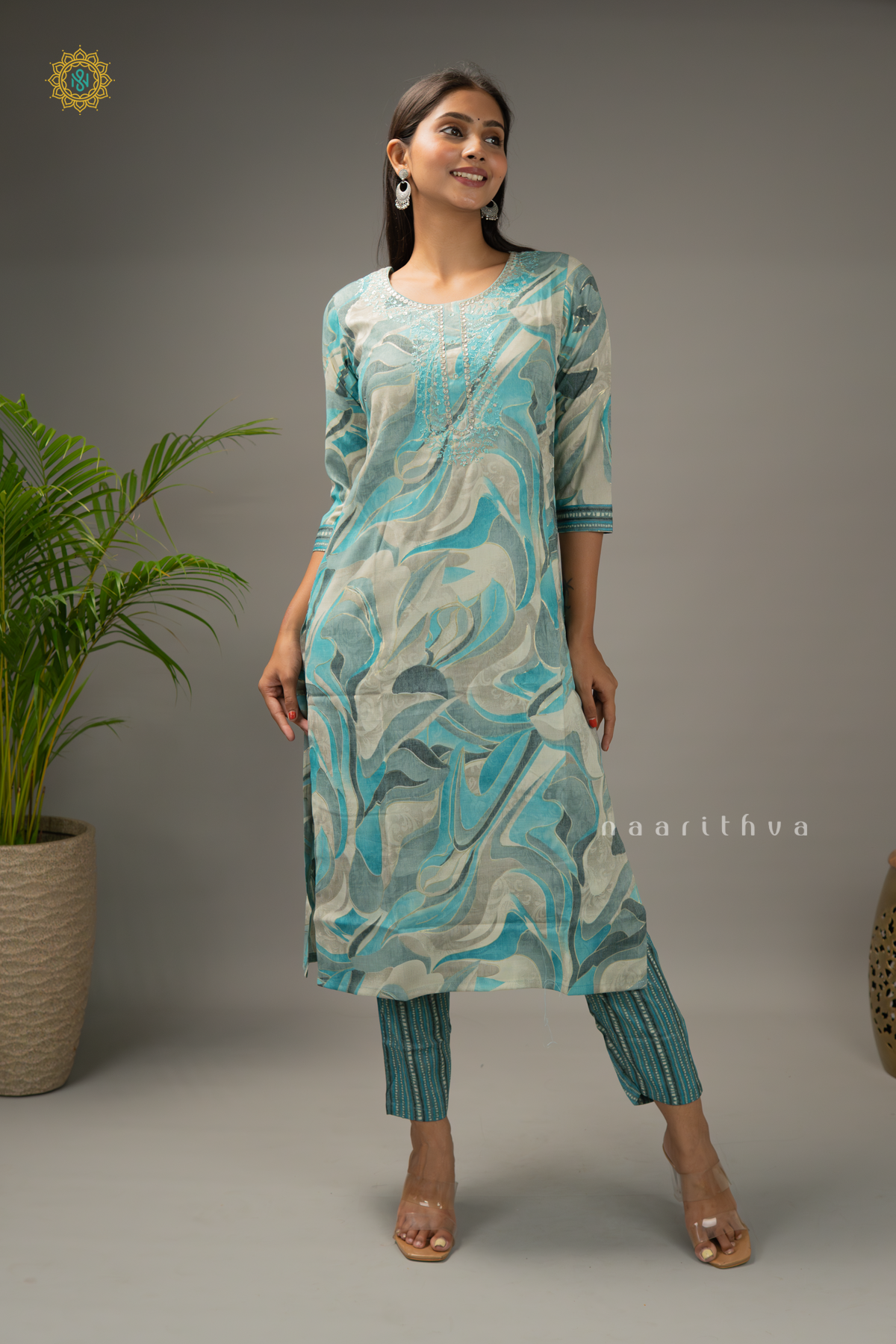 AQUA BLUE - COTTON 3PC SALWAR SUIT WITH PRINTED TOP, BOTTOM & DUPATTA